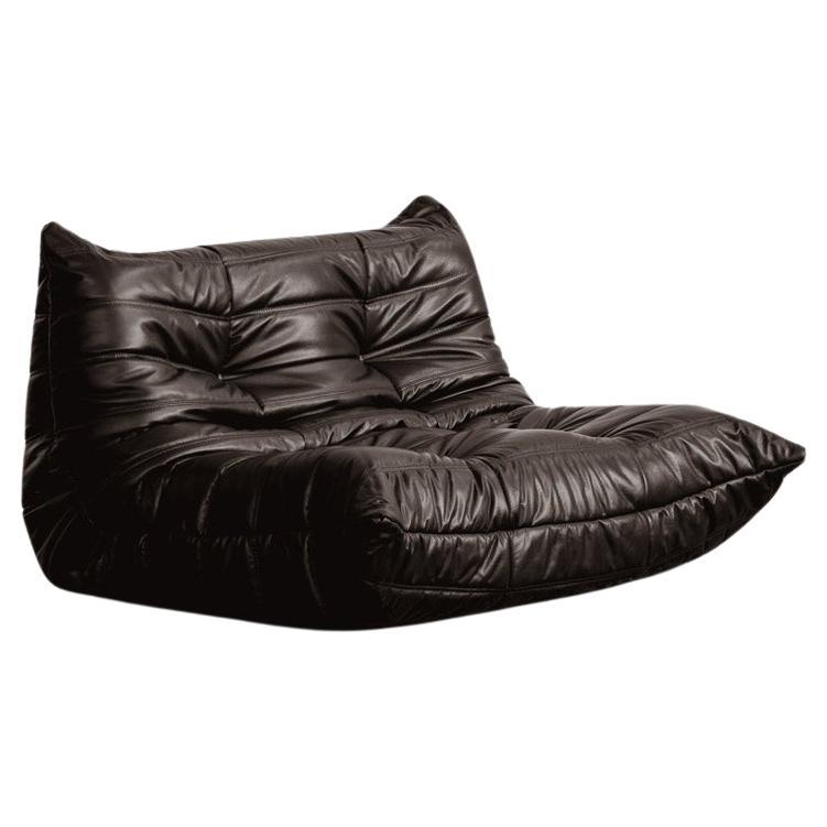 Michel Ducaroy "Togo" Zweisitziges Sofa für Ligne Roset, Schwarzes Leder, 1973
