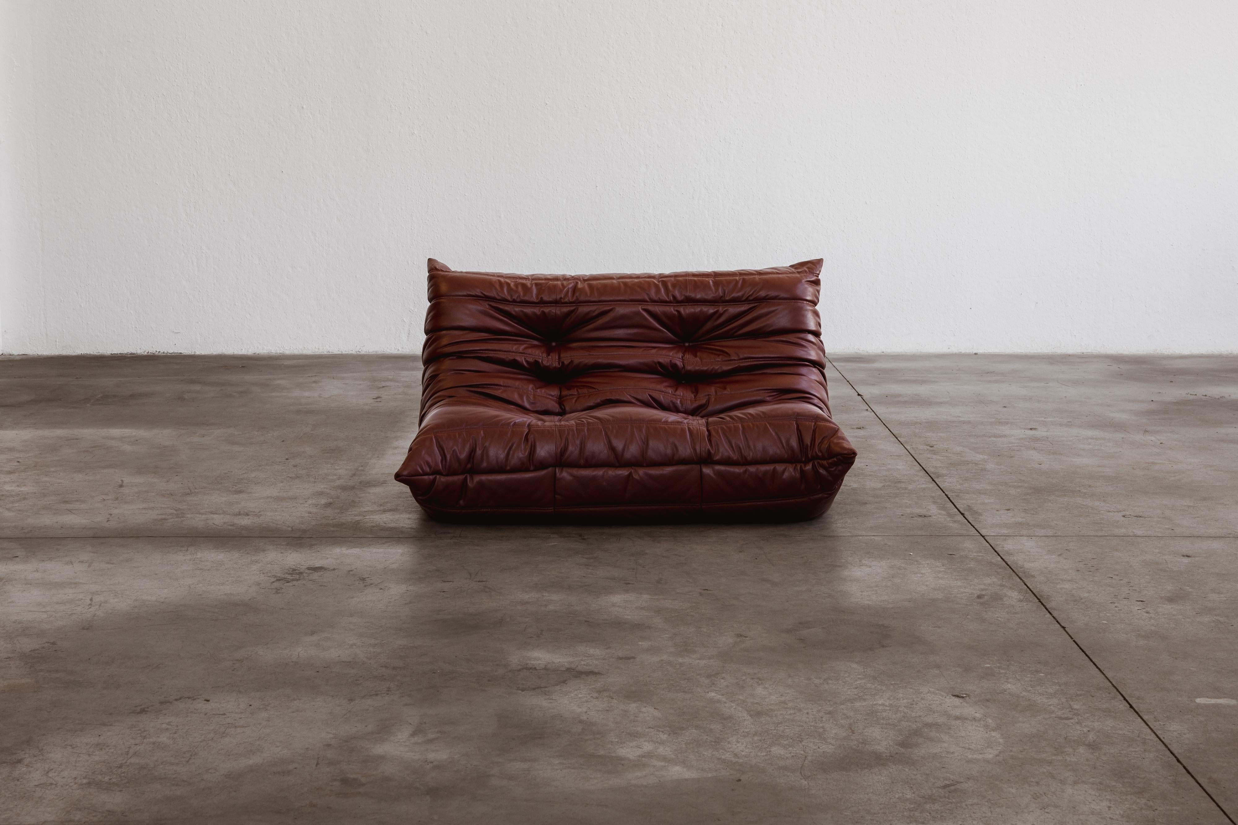 Michel Ducaroy Togo Zweisitzer-Sofa für Ligne Roset, burgunderrotes Leder, 1973 (Französisch) im Angebot