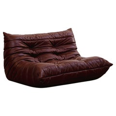 Michel Ducaroy “Togo” Two Seater Sofa for Ligne Roset, Burgundy Leather, 1973