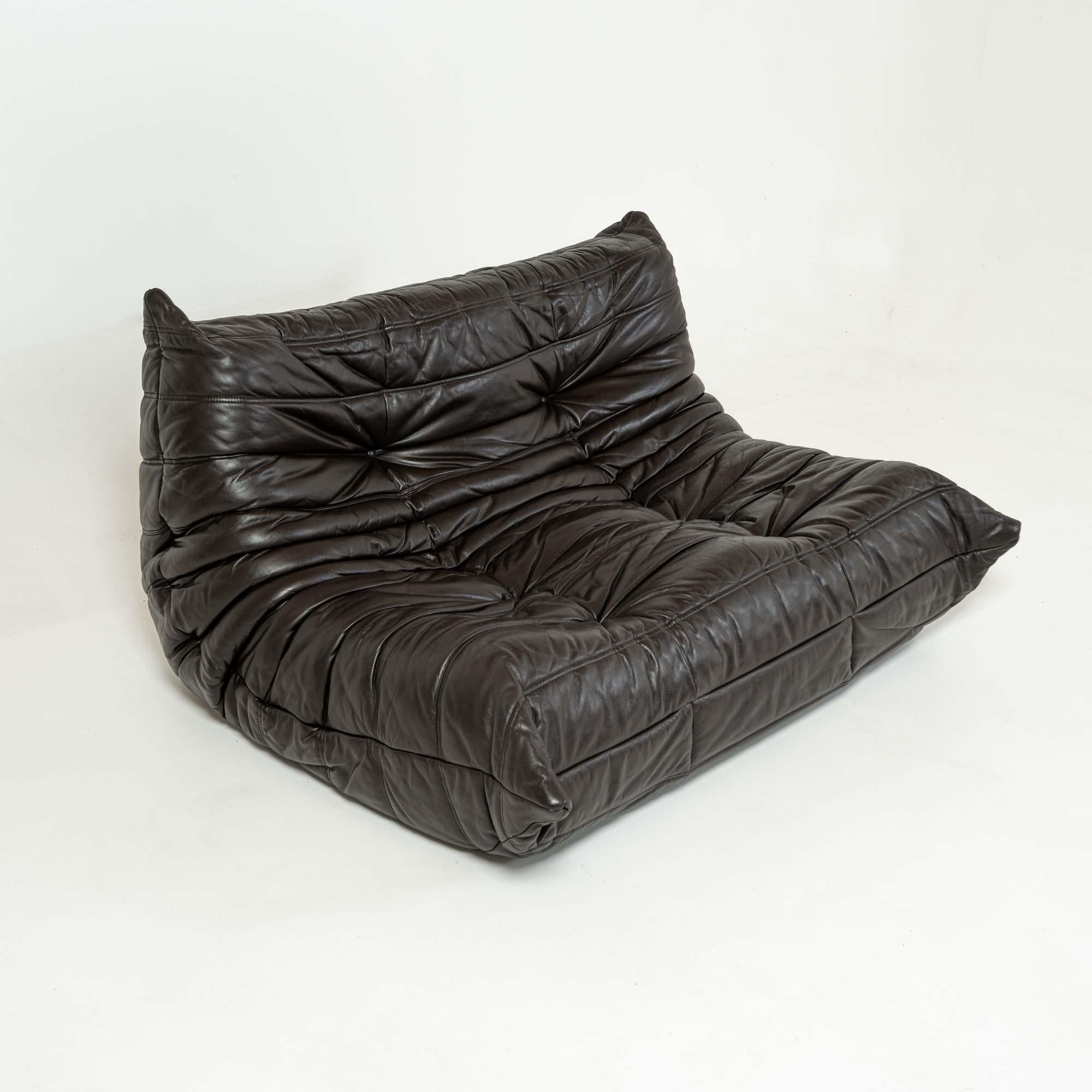 Organic Modern Michel Ducaroy's Togo Loveseat in Original Dark Chocolate Leather