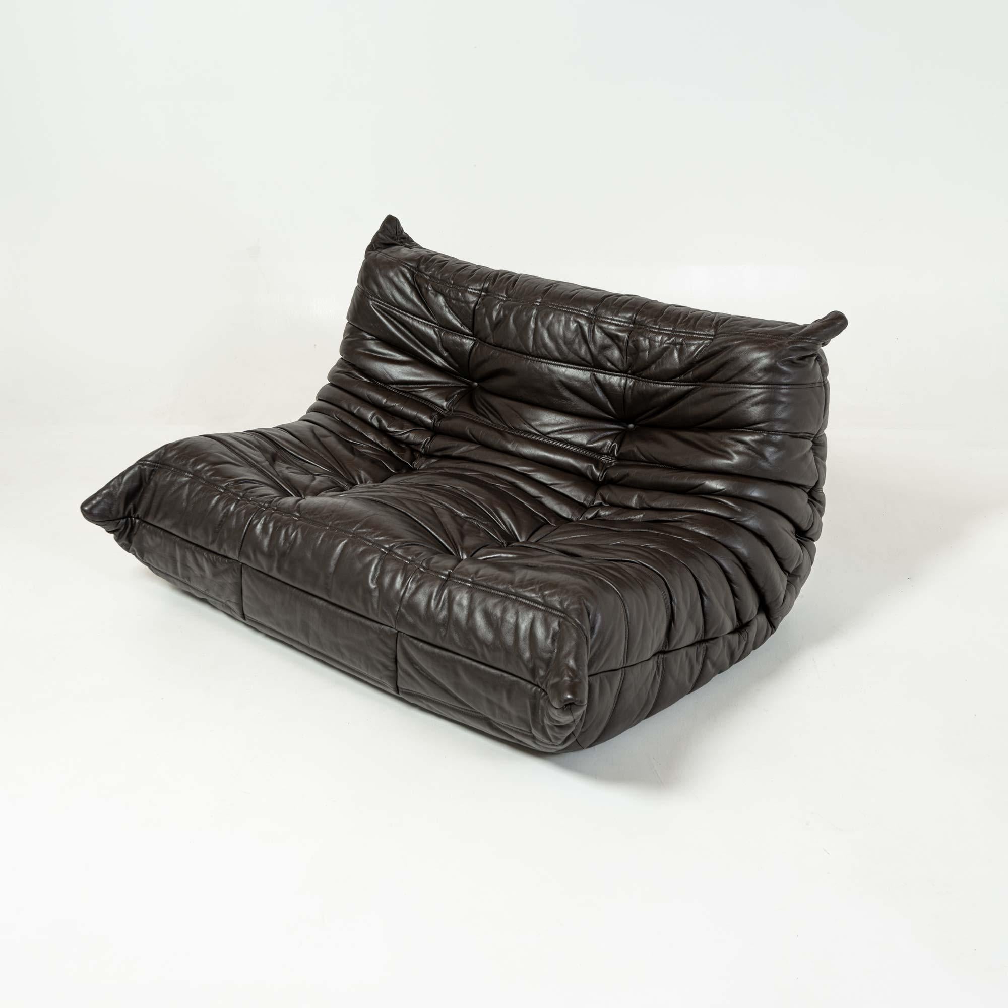 French Michel Ducaroy's Togo Loveseat in Original Dark Chocolate Leather