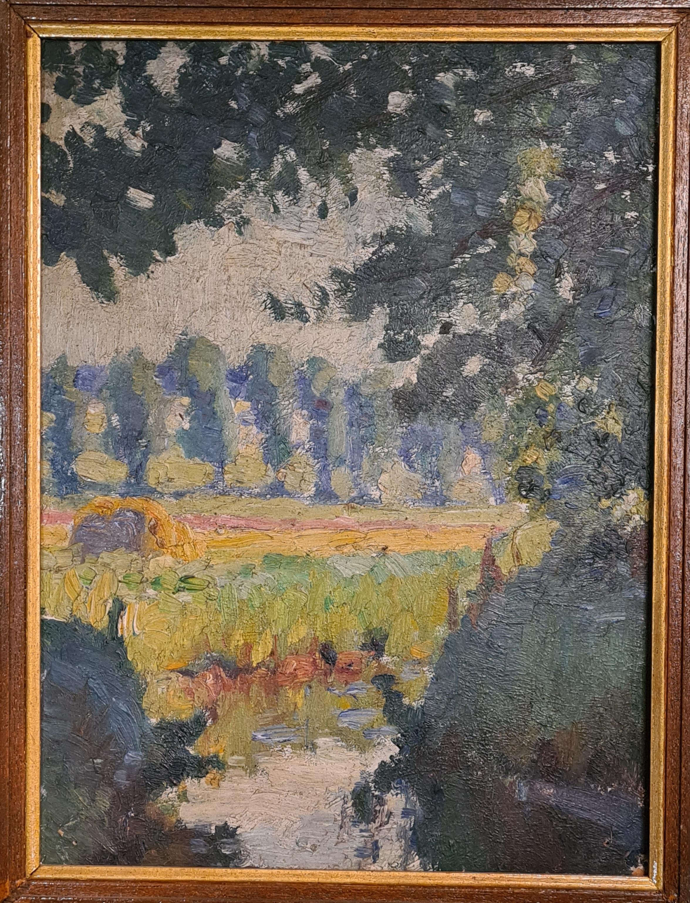 Michel Dufet Landscape Painting - Early 20th C. Barbizon School, Poplars by the Riverbank. Oil on Board.