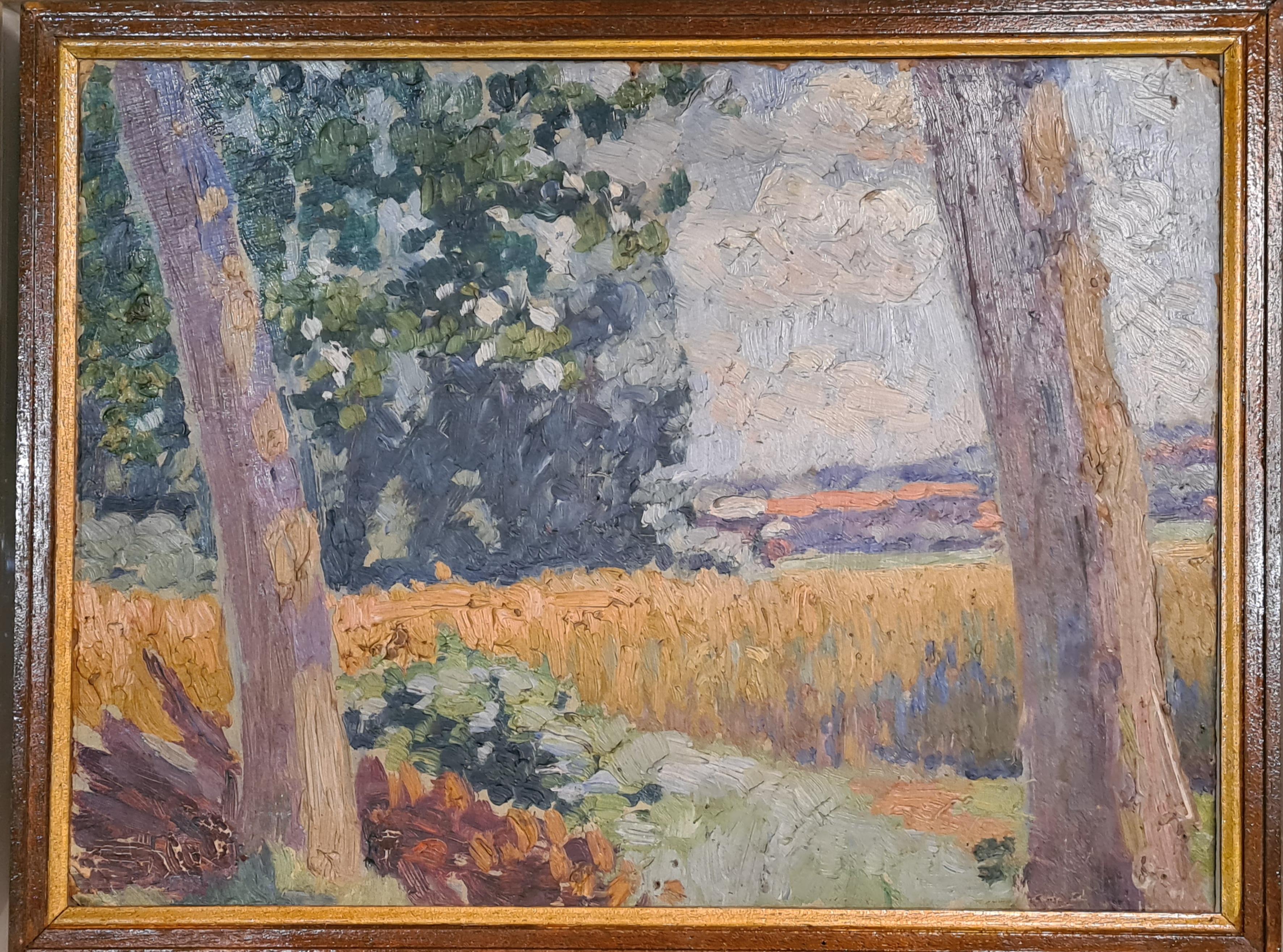 Michel Dufet Landscape Painting - Early 20th Century Barbizon School, The Cornfield, Oil on Board.
