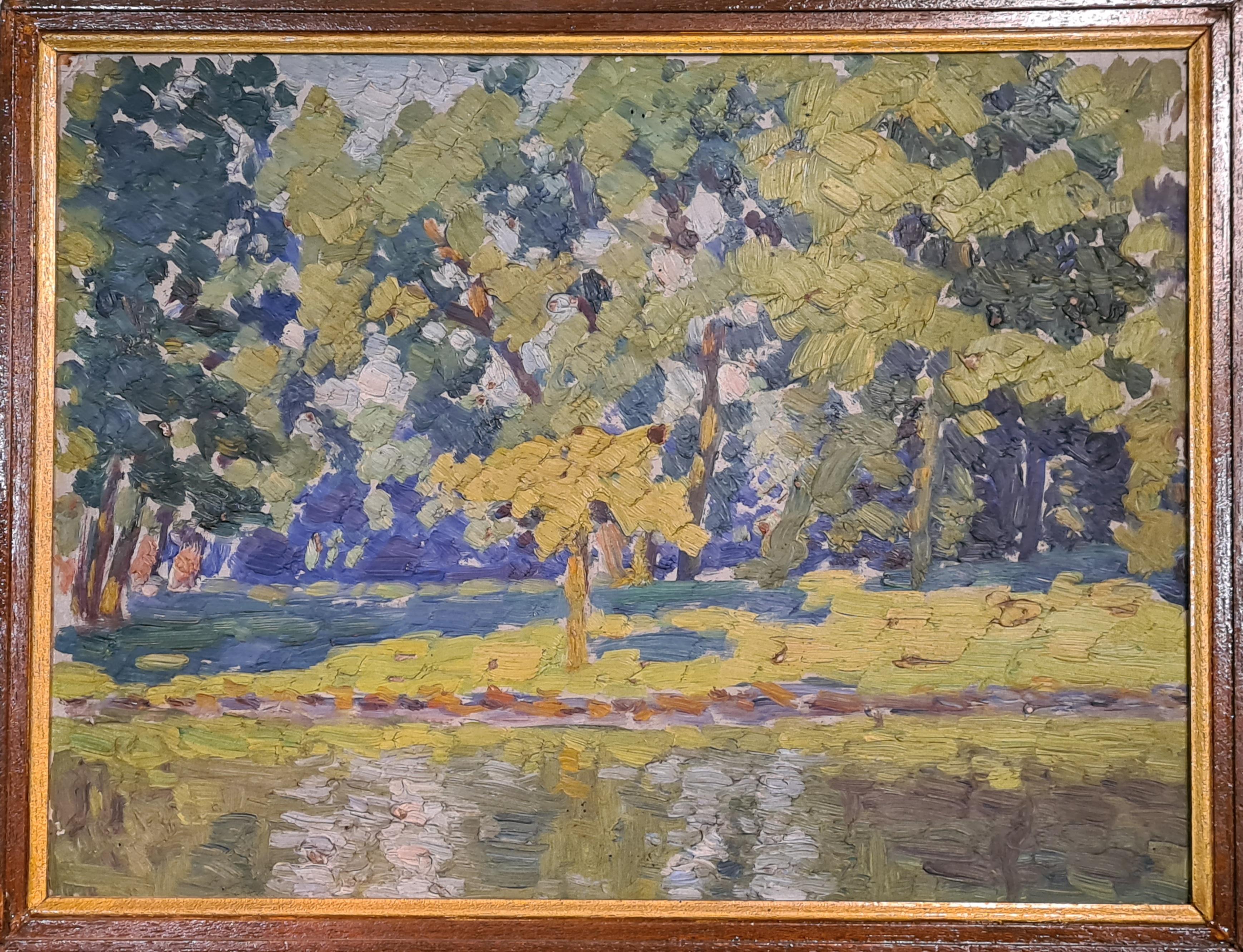 Michel Dufet Landscape Painting - Early 20th C. Barbizon School, The River Bank. Oil on Board.