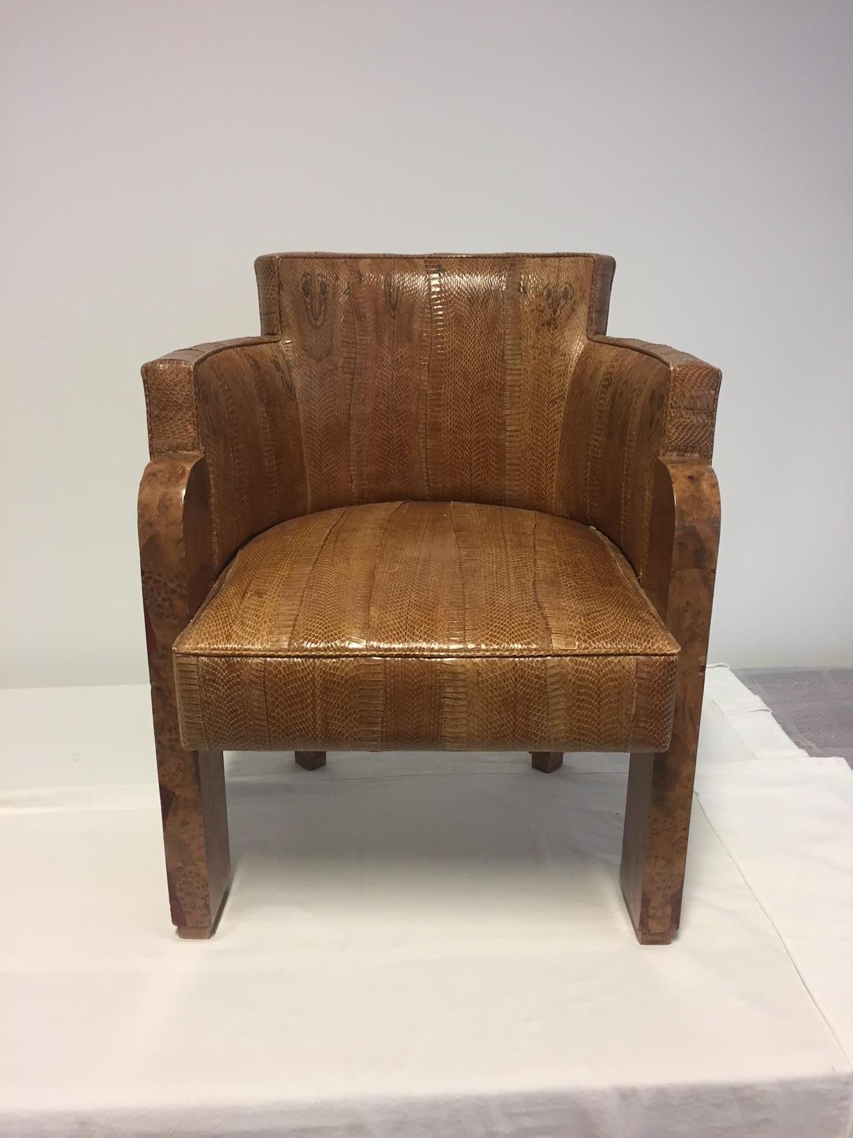 Michel Duffet Art Deco Armchair Elm Burl Veneer and Snake Skin Upholstery For Sale 11