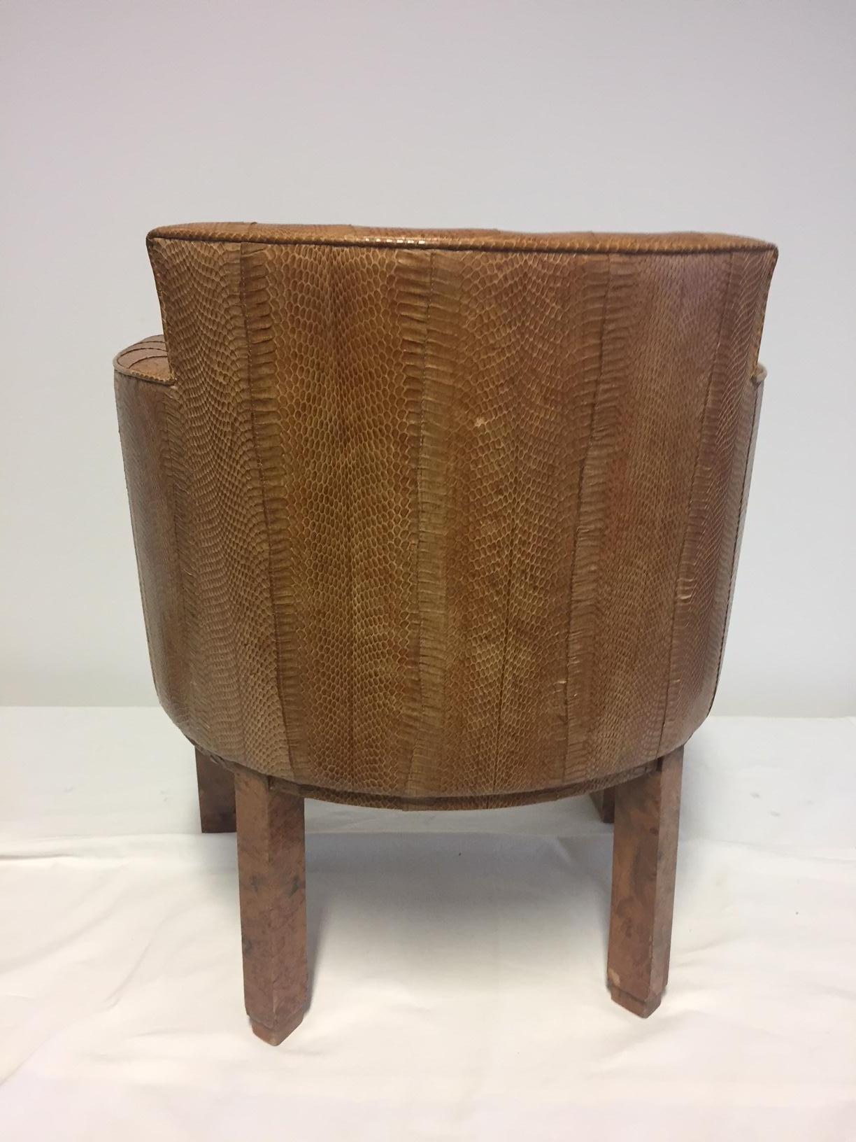Early 20th Century Michel Duffet Art Deco Armchair Elm Burl Veneer and Snake Skin Upholstery For Sale