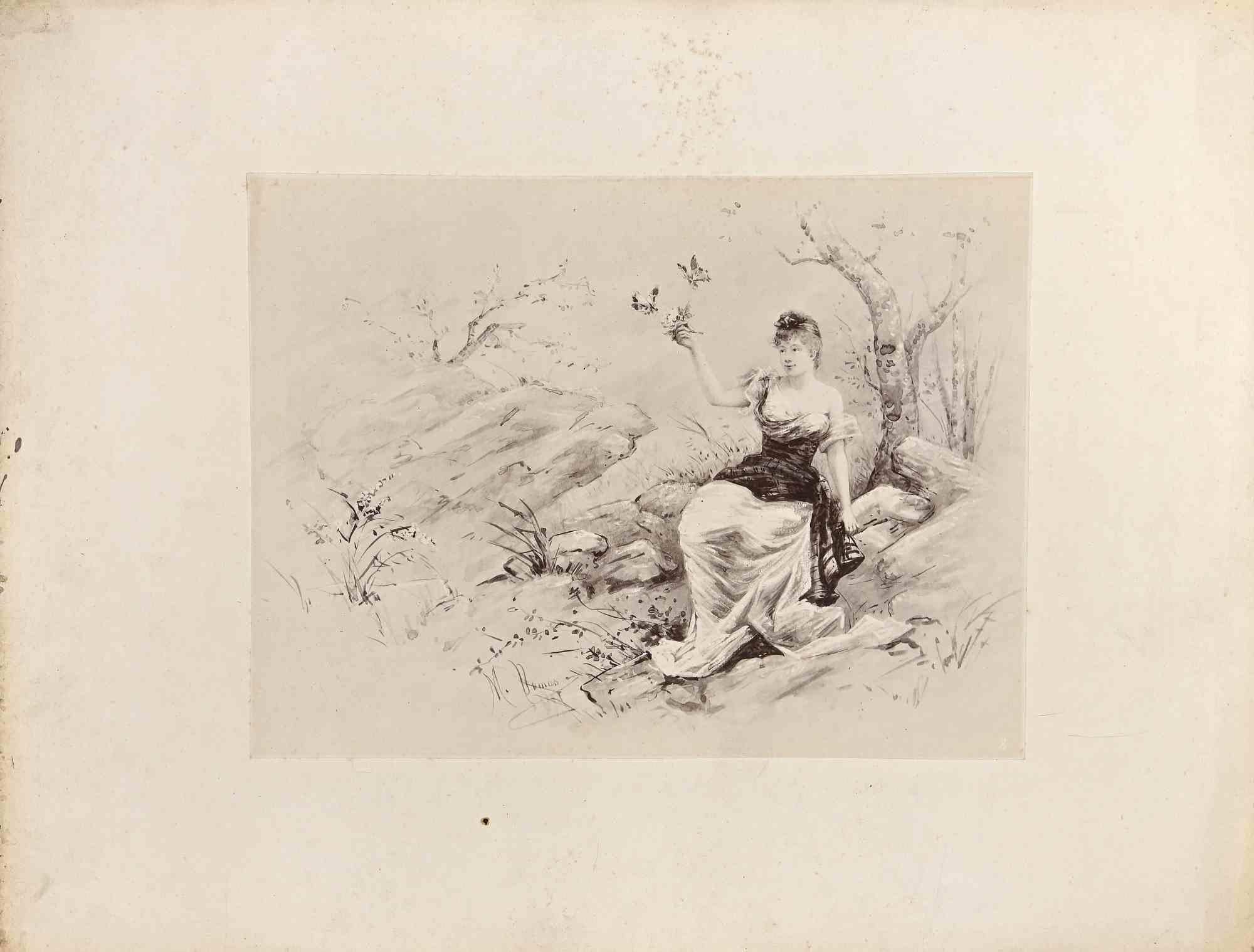 Michel Dumas Figurative Print - Feeding the Birds - Vintage Photolithograph after M. Dumas - Late 19th Century