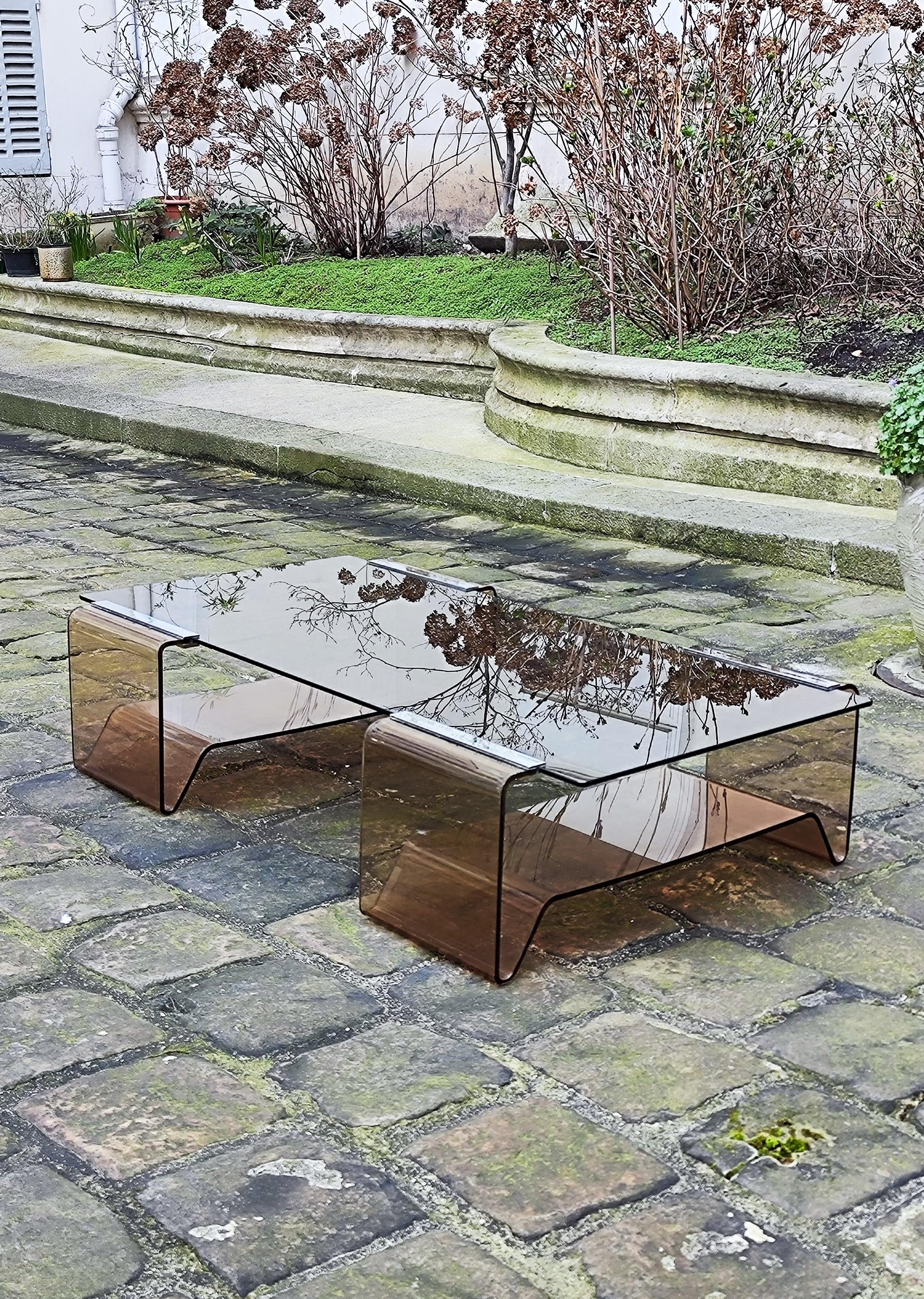 Steel Michel Dumas coffee table in plexiglass and smoked glass - France - 70s - 1970