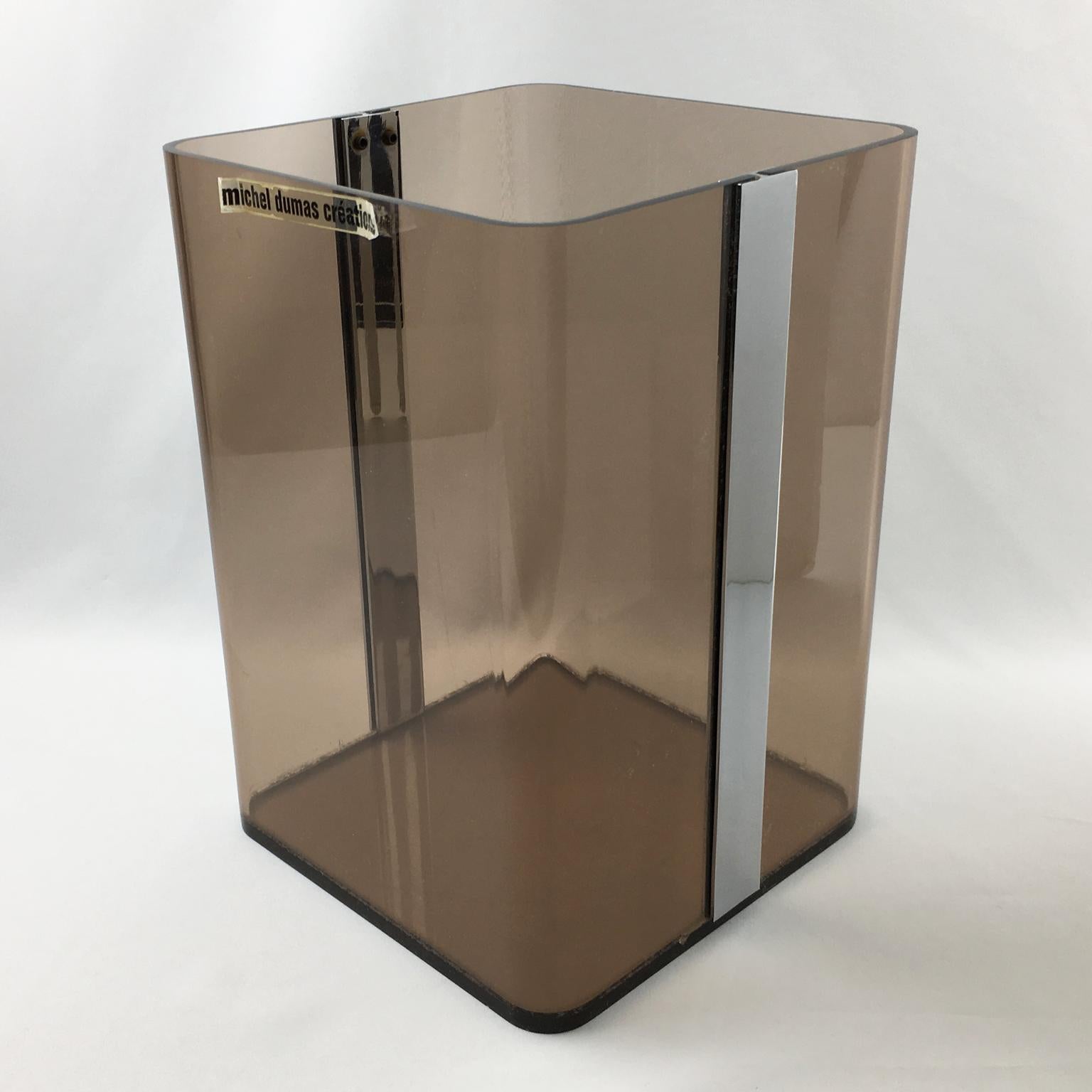 Mid-Century Modern Michel Dumas for Roche Bobois 1970s Smoked Lucite and Chrome Paper Waste Basket
