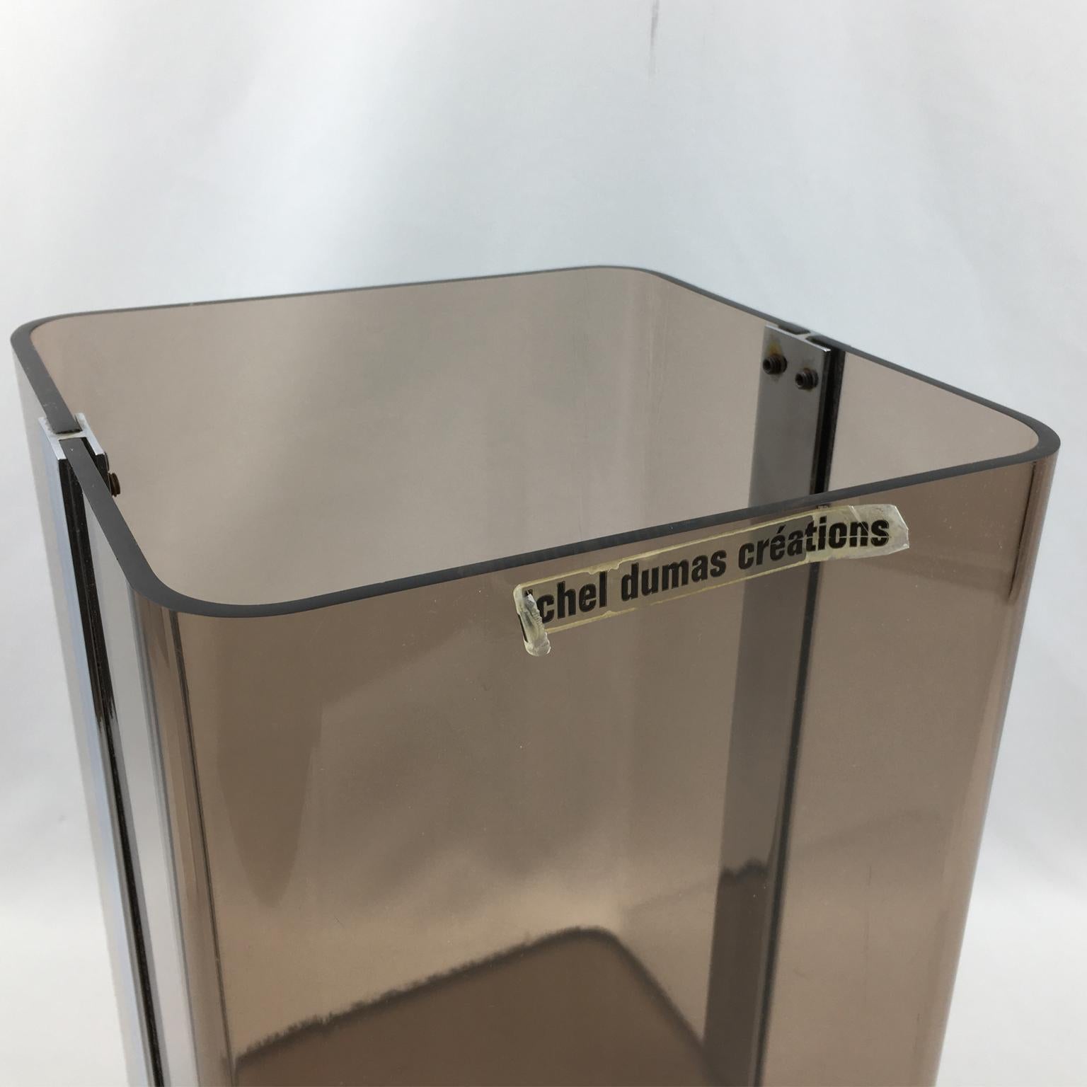 French Michel Dumas for Roche Bobois 1970s Smoked Lucite and Chrome Paper Waste Basket