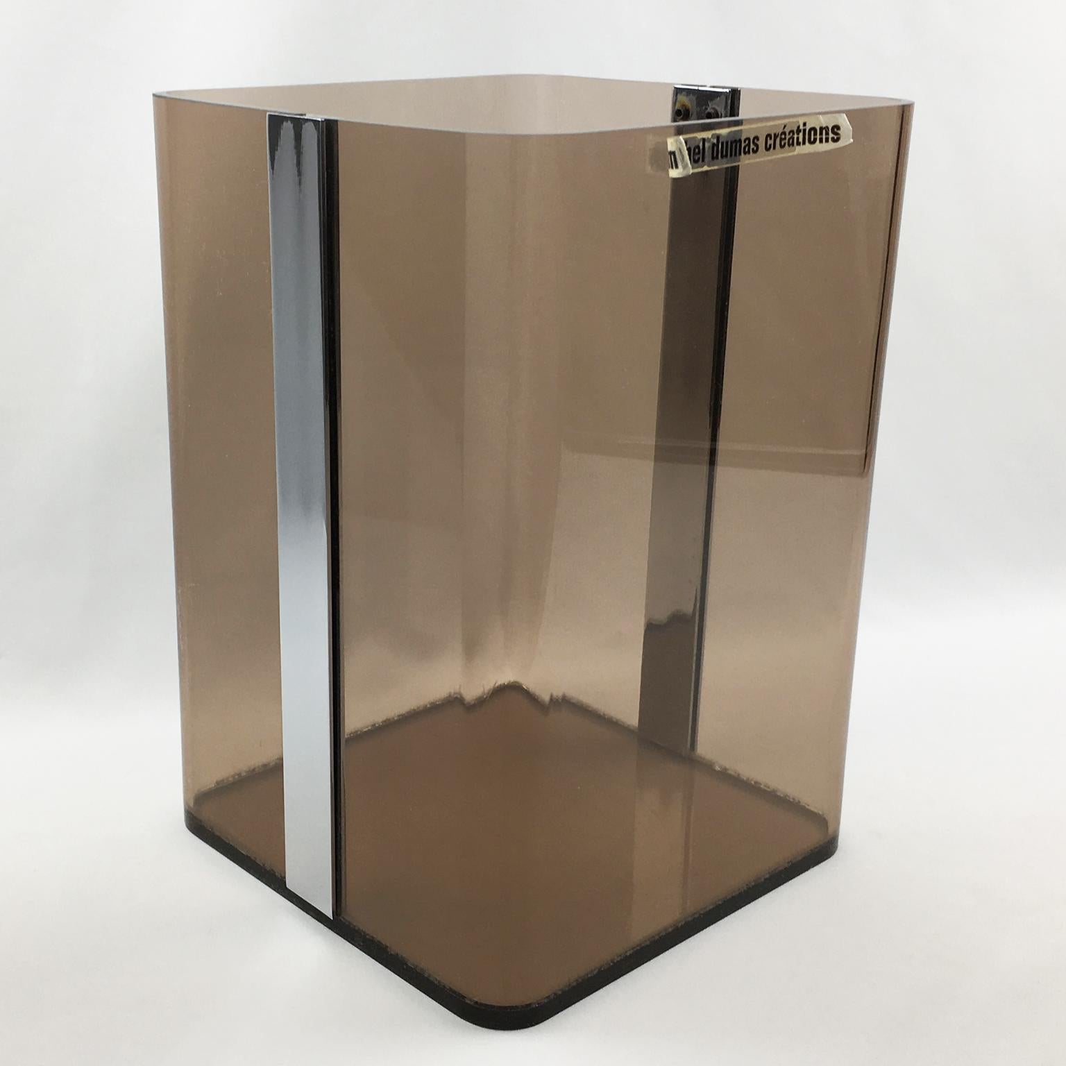 Michel Dumas for Roche Bobois 1970s Smoked Lucite and Chrome Paper Waste Basket In Excellent Condition In Atlanta, GA