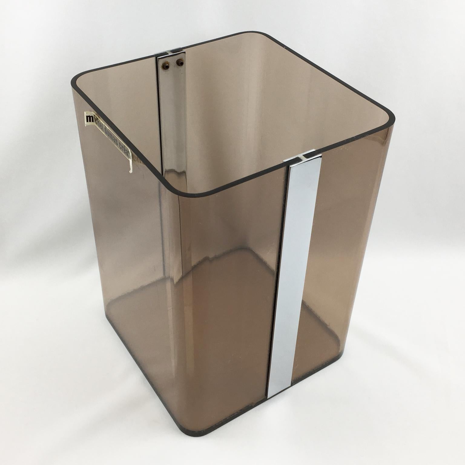 Late 20th Century Michel Dumas for Roche Bobois 1970s Smoked Lucite and Chrome Paper Waste Basket