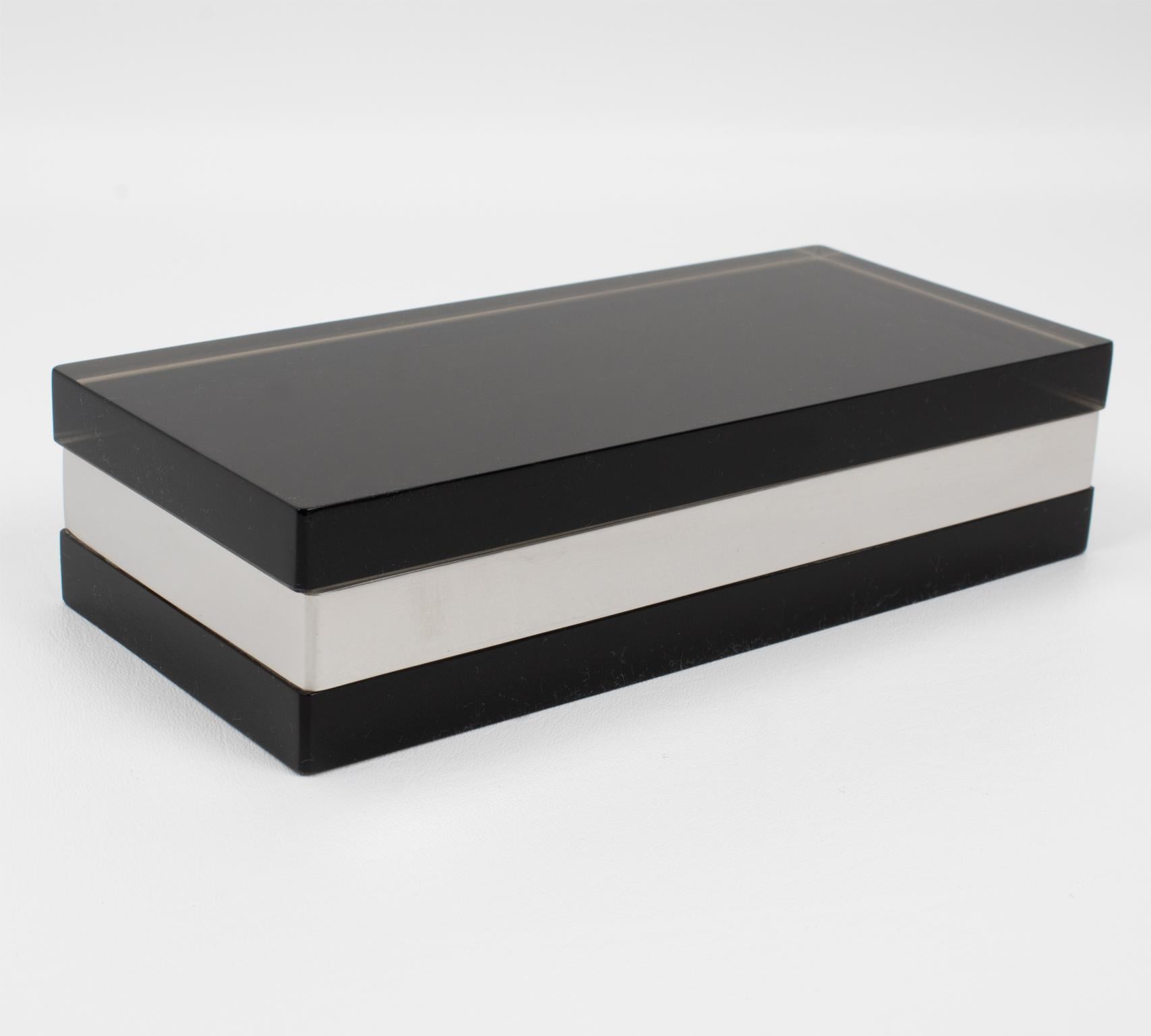 Late 20th Century Michel Dumas for Roche Bobois Smoked Gray Lucite and Chrome Lidded Box For Sale