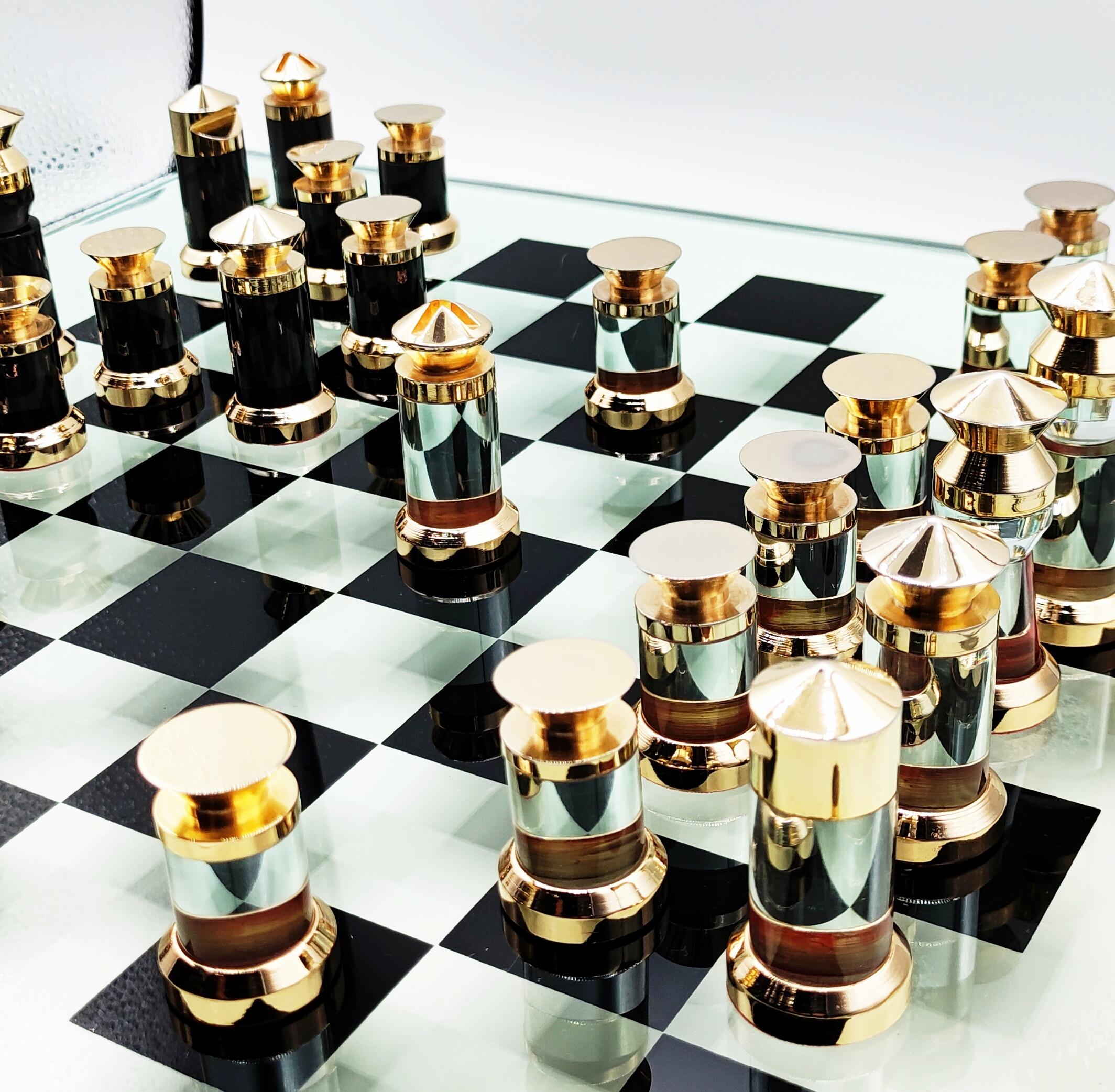 Michel Dumas Lucite and Brass Chess Set, France 1970s 5