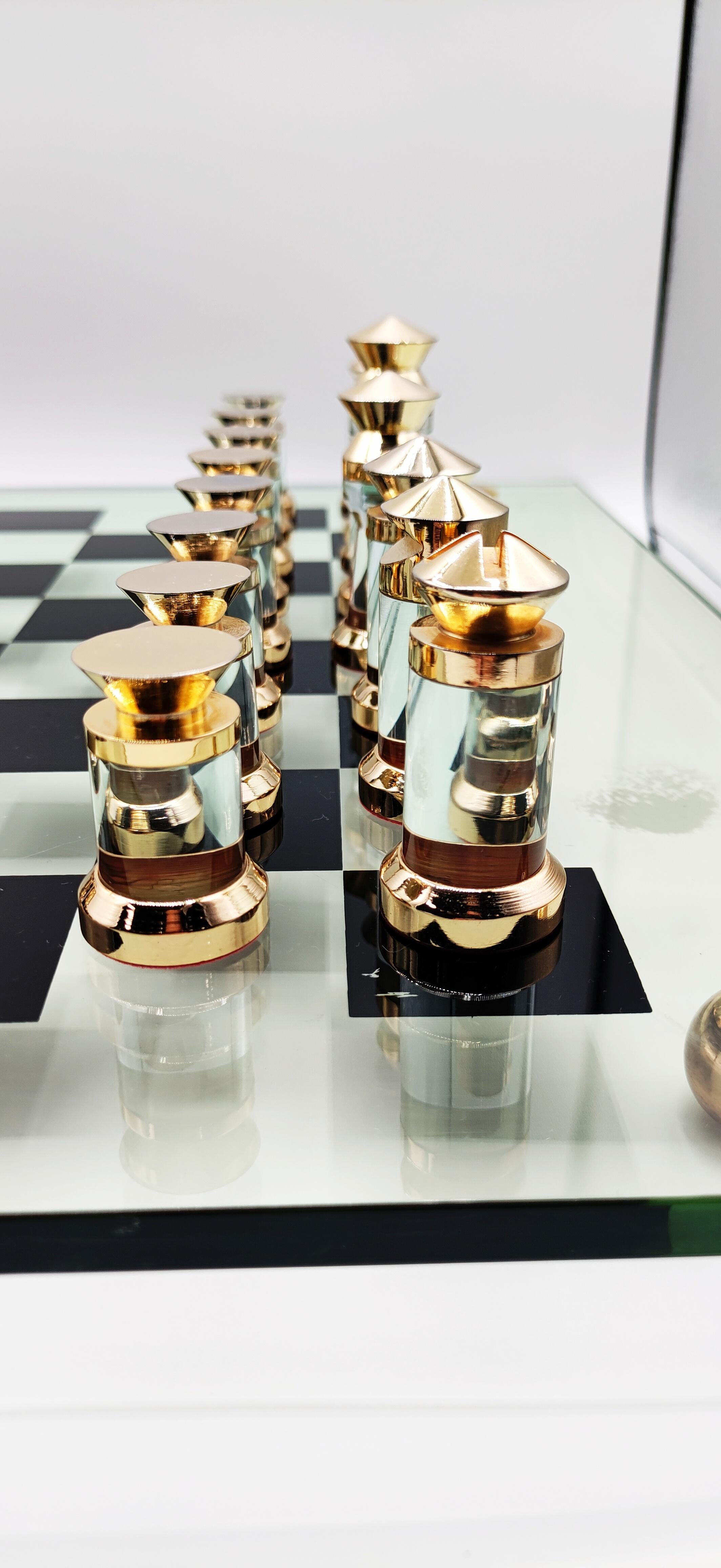French Michel Dumas Lucite and Brass Chess Set, France 1970s