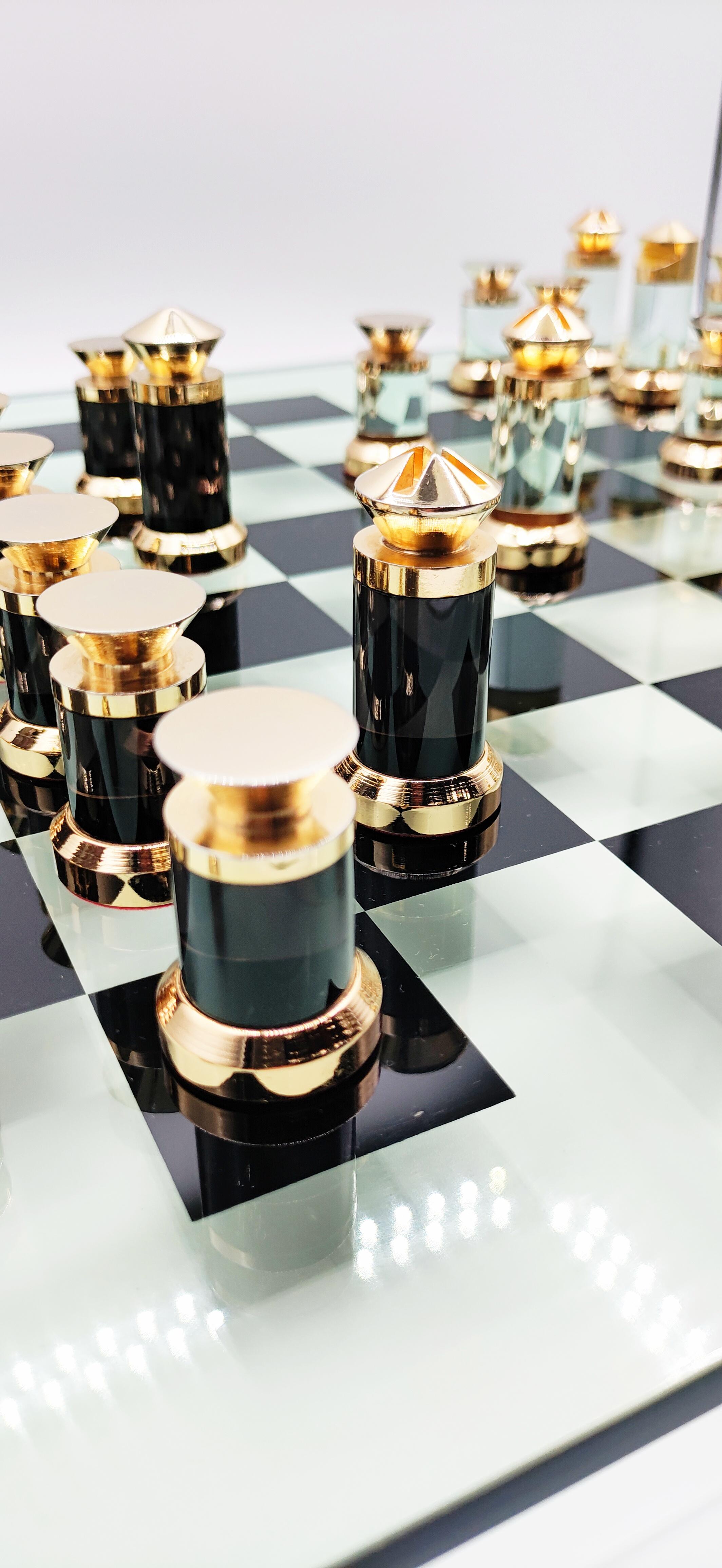Michel Dumas Lucite and Brass Chess Set, France 1970s 3