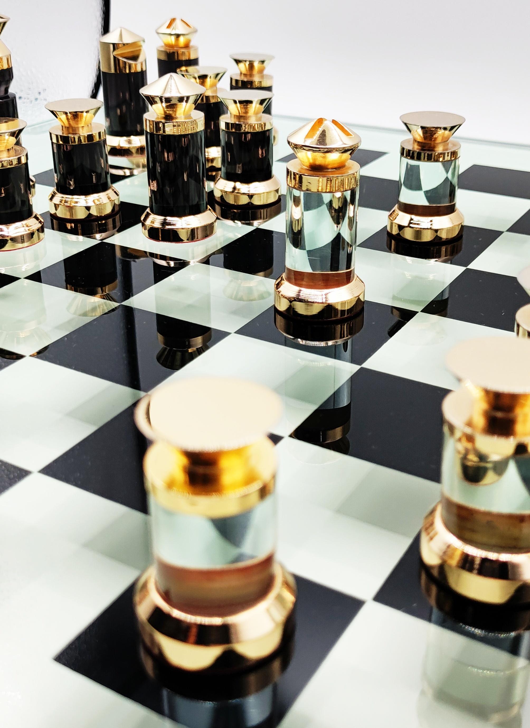 Michel Dumas Lucite and Brass Chess Set, France 1970s 4