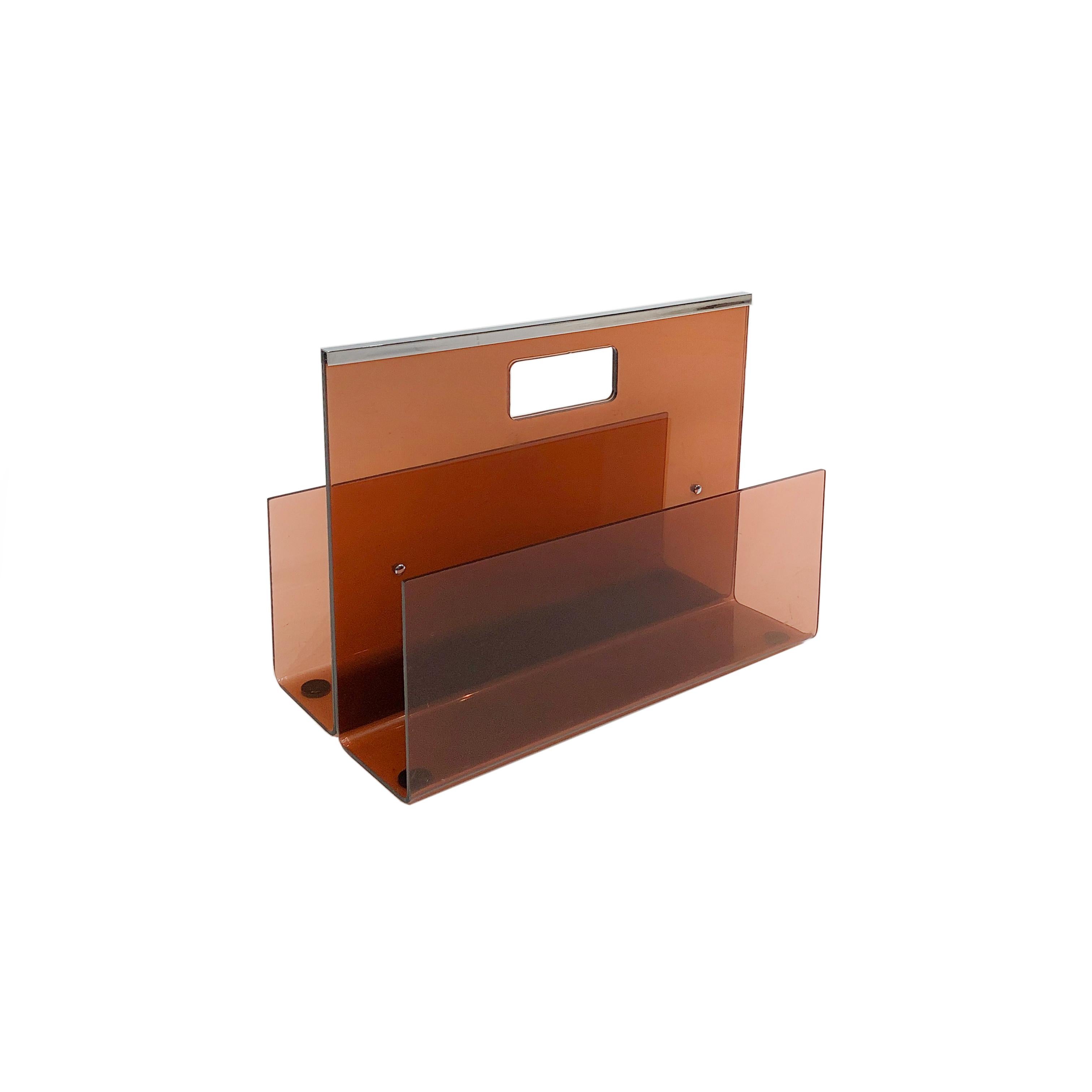 Michel Dumas Smoked Acrylic Magazine Rack Lucite Chrome 1970s Roche Bobois For Sale