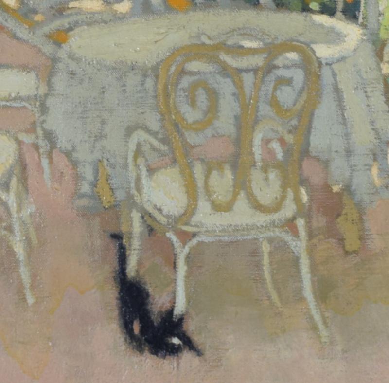 La Table du Jardin Garden Table with a Black Cat oil painting by Michel Dureuil For Sale 2