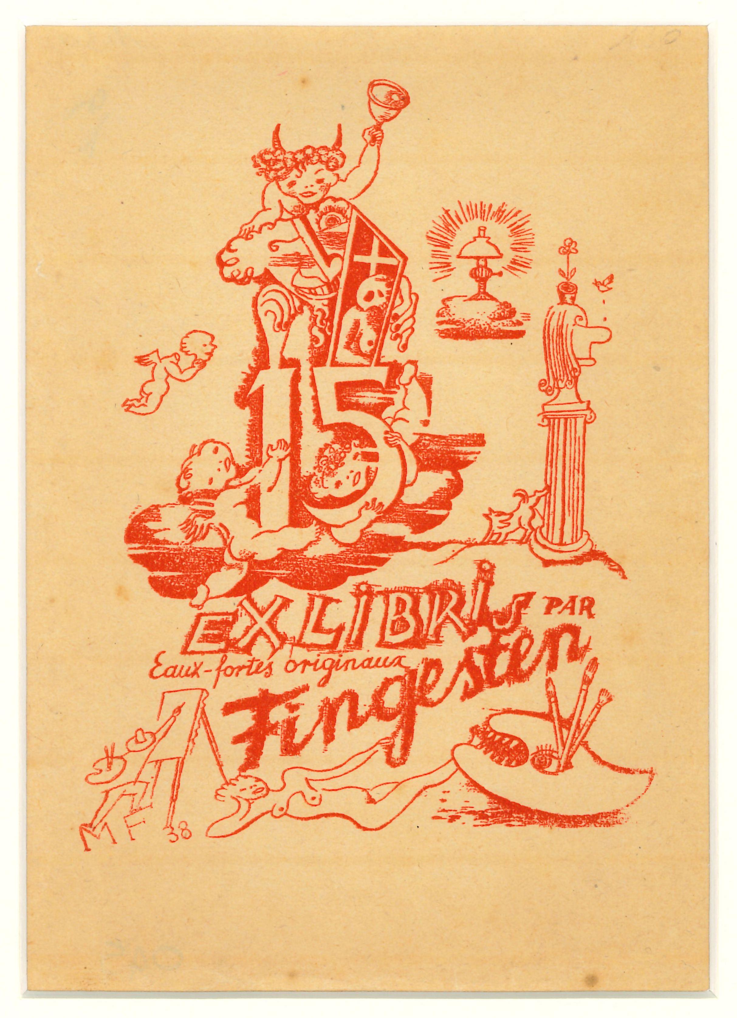 Michel Fingesten Figurative Print - Ex Libris - 15 par Fingensten - Original Woodcut by M. Fingesten - 1938