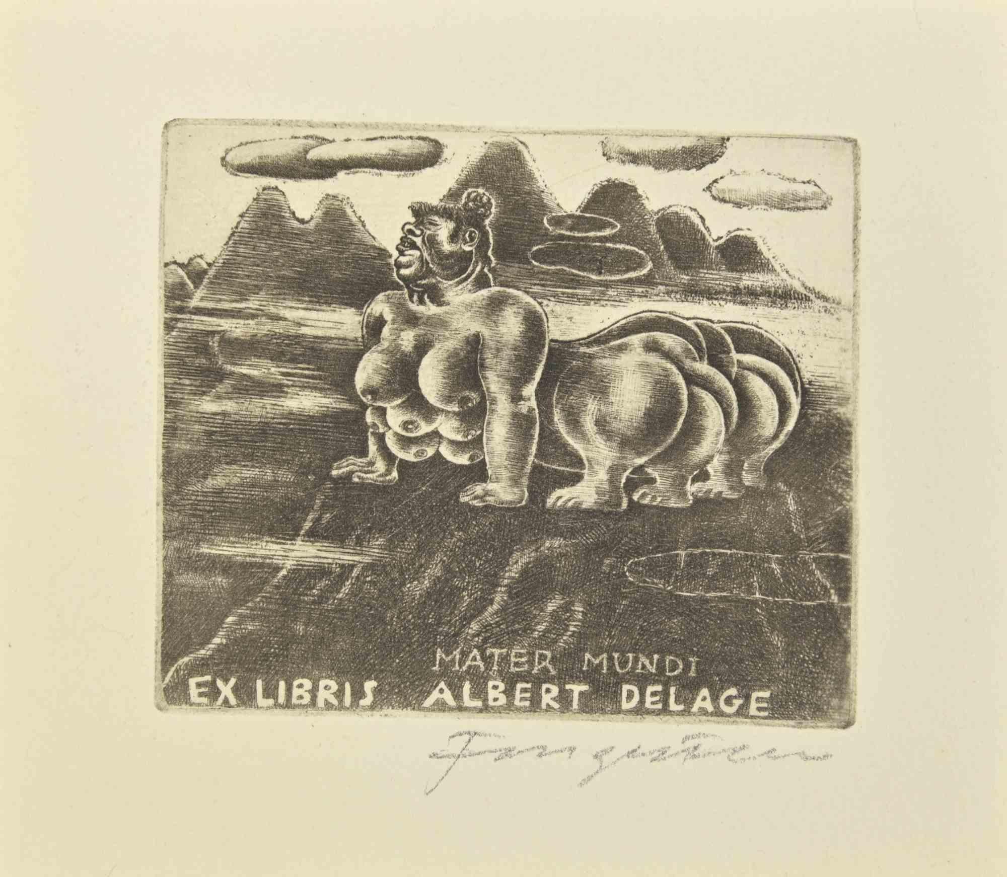 Ex Libris - Albert Delage - Etching by Michel Fingesten - 1930s