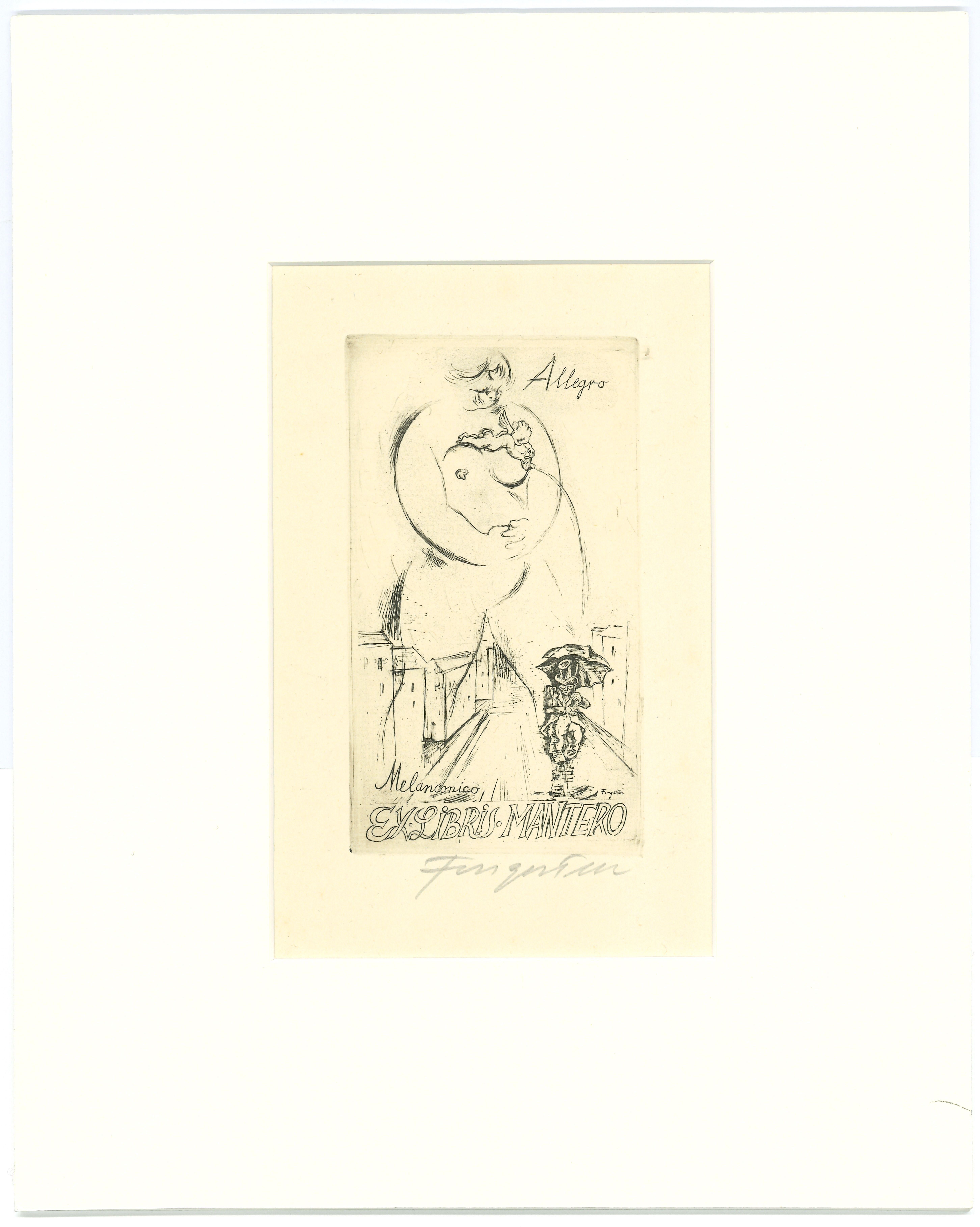 Ex Libris Allegro Melanconico - Original Etching by M. Fingesten - 1930s - Print by Michel Fingesten