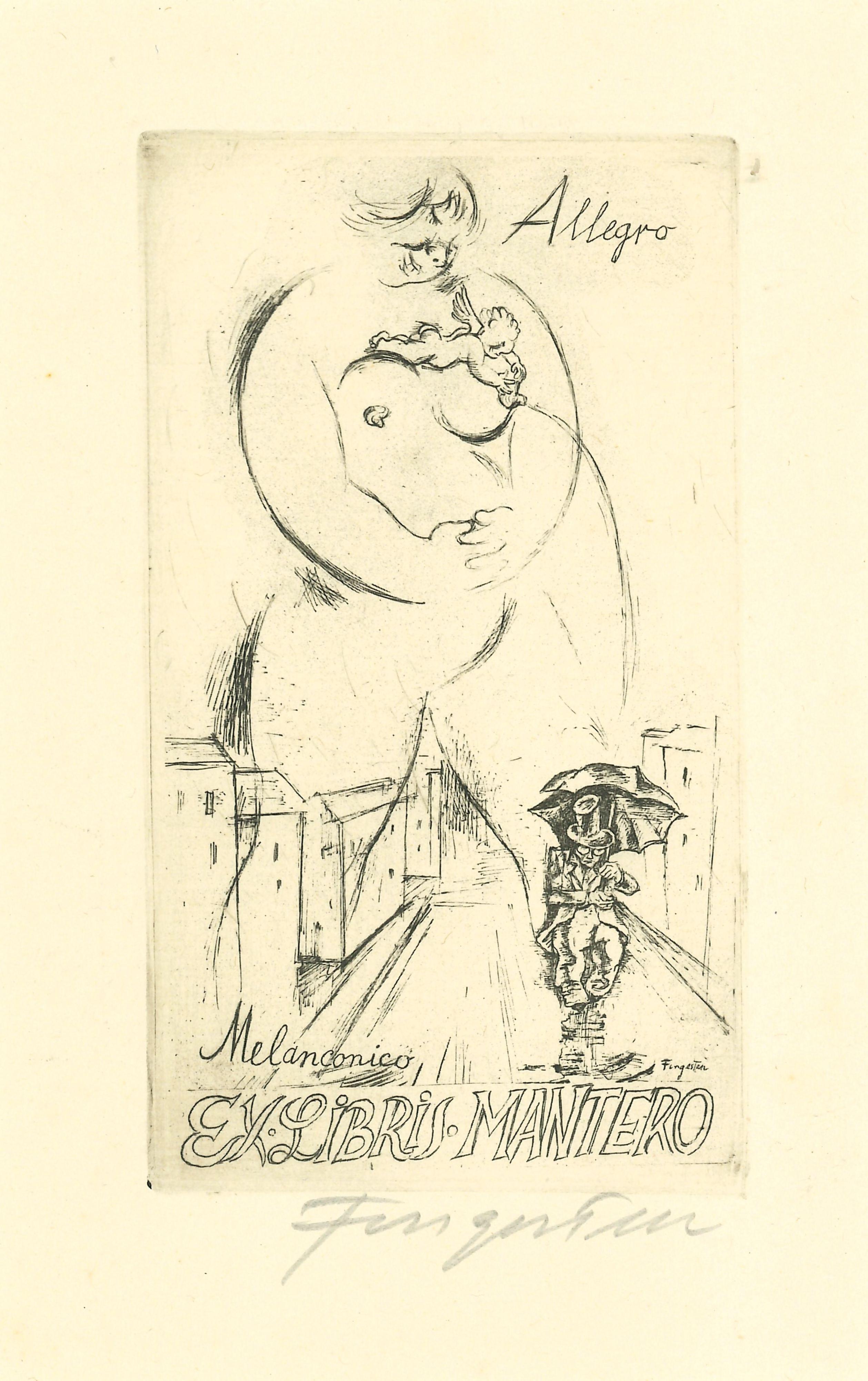 Michel Fingesten Figurative Print - Ex Libris Allegro Melanconico - Original Etching by M. Fingesten - 1930s
