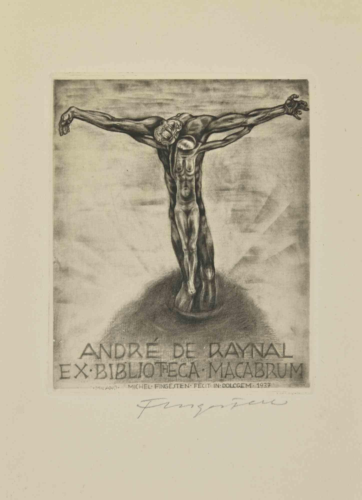 Michel Fingesten Figurative Print - Ex Libris-André de Raynal-Ex Biblioteca Macabru- Etching by M. Fingesten - 1937
