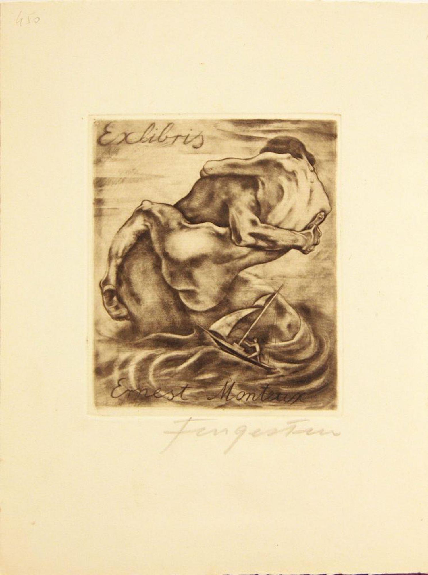 Michel Fingesten Figurative Print - Ex Libris Ernest Monteux - Etching by M. Fingesten - 1930s