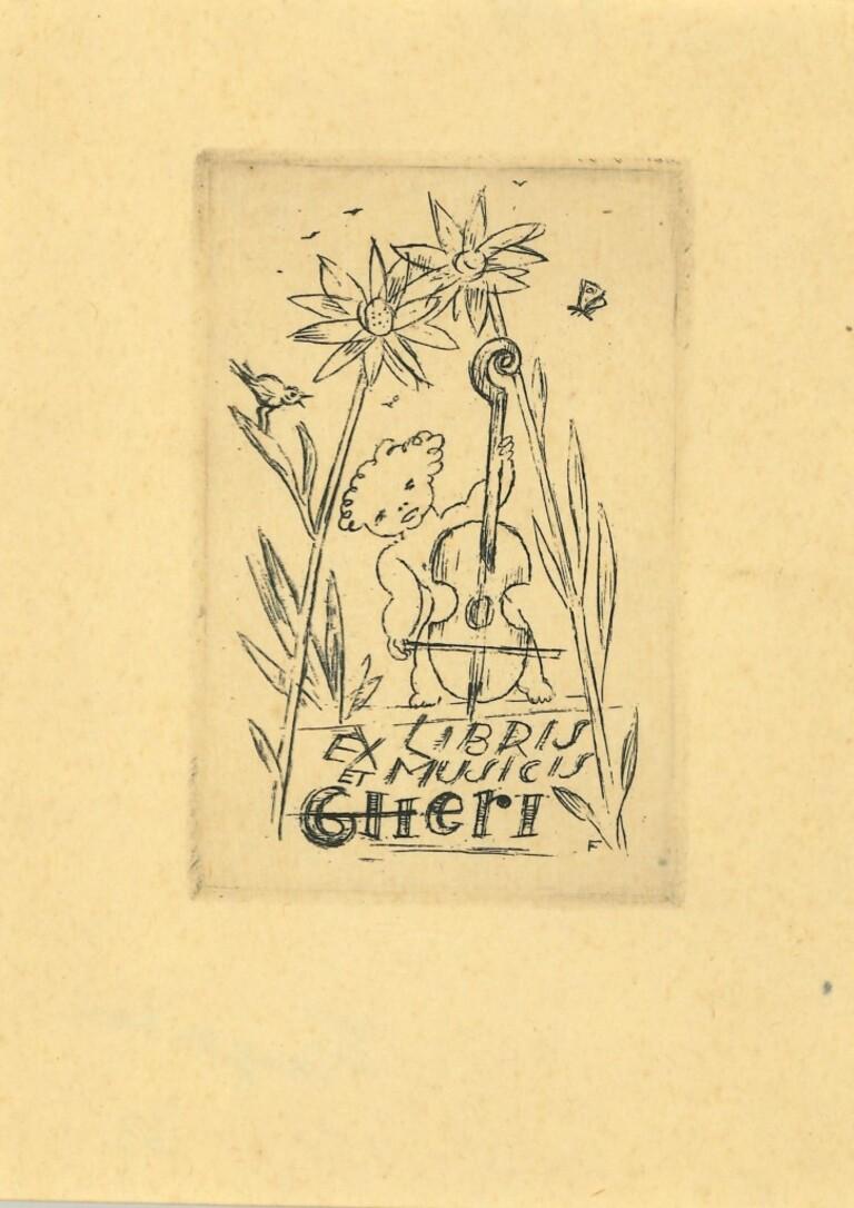 "Ex Libris et Musicis Gheri" ist eine Radierung auf elfenbeinfarbenem Papier von Michel Fingesten, Anfang des 20. Handsigniert mit Bleistift.
In ausgezeichnetem Zustand

Michel Fingesten (1884 - 1943) war ein tschechischer Maler und Graveur