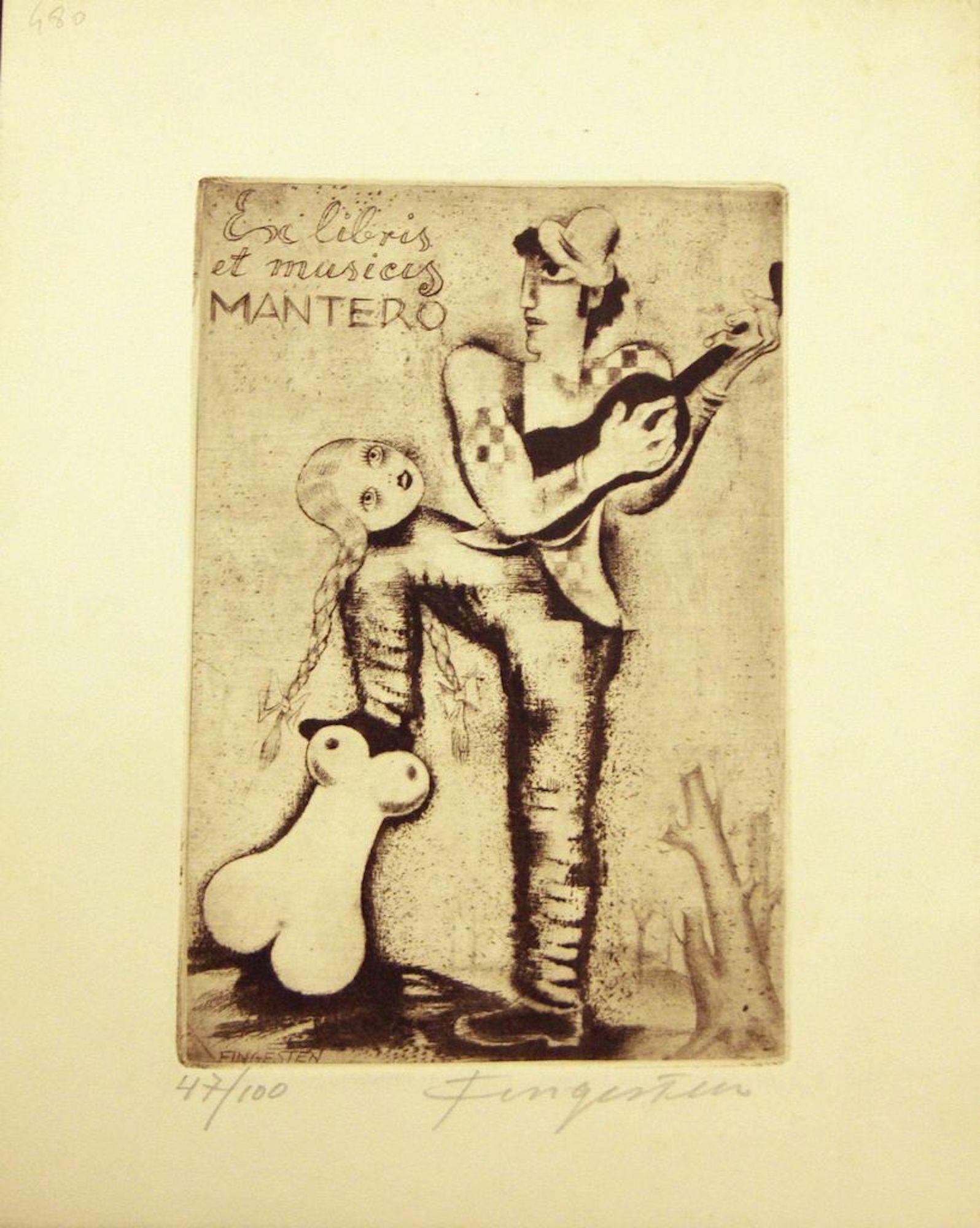 Michel Fingesten Figurative Print - Ex Libris et Musicis Mantero - Original Etching by M. Fingesten - Early 1900