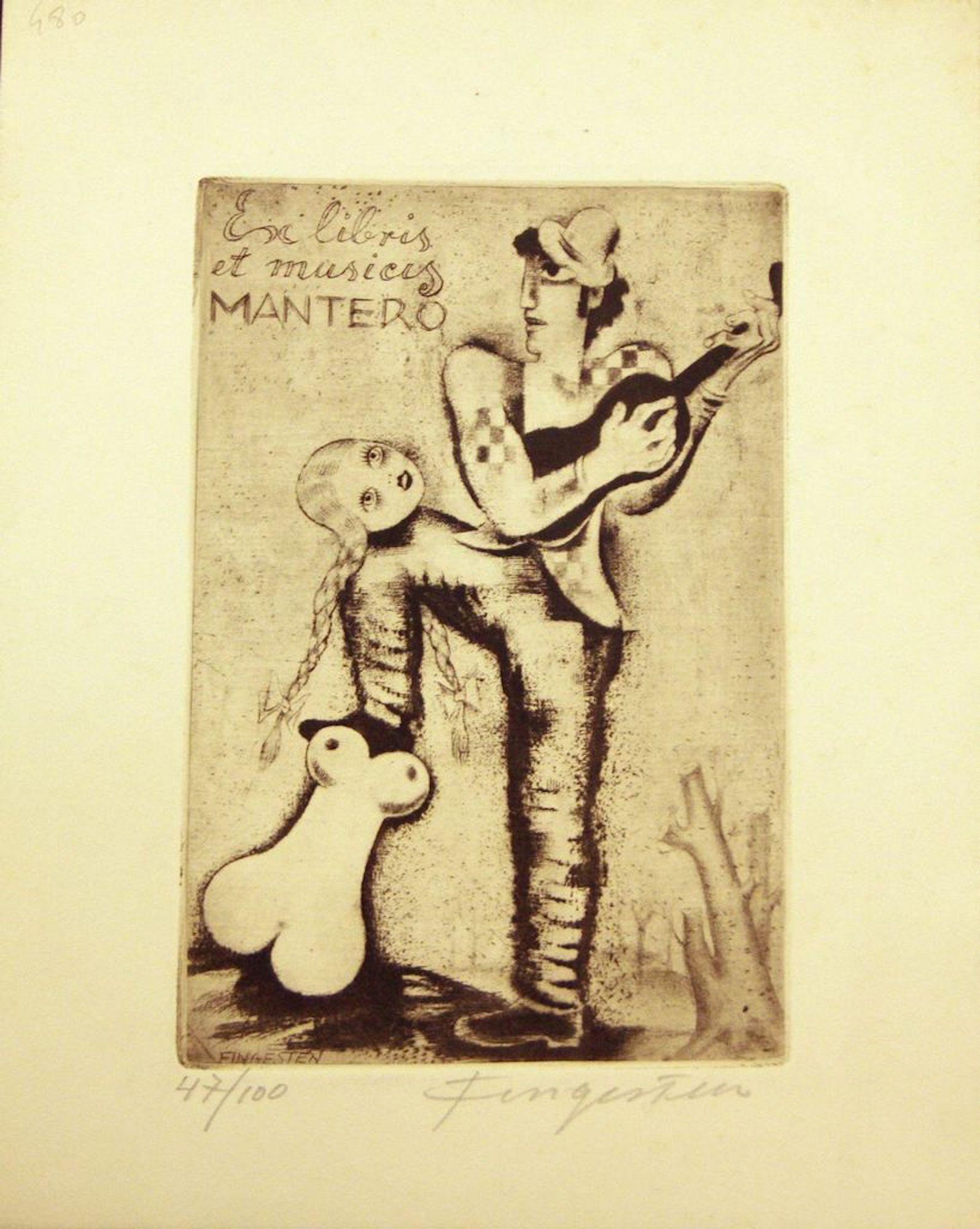 Figurative Print Michel Fingesten - Ex Libris et Musicis Mantero - Eau-forte originale de M. Fingesten - Début 1900