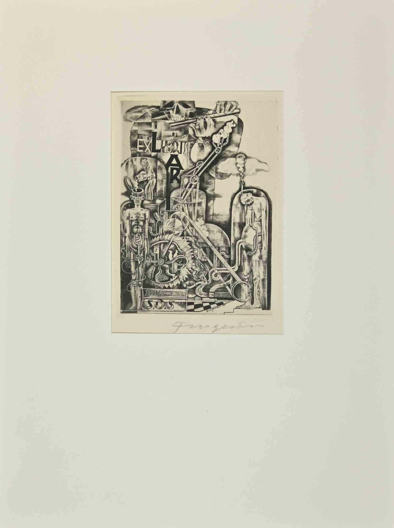 Ex Libris is an Etching print created by  Michel Fingesten in 1937.

Hand Signed on the lower right margin.

The work is glued on cardboard.

Total dimensions: 32.5 x 24 cm.

Very Good condition.

Michel Fingesten (1884 - 1943) was a Czech painter