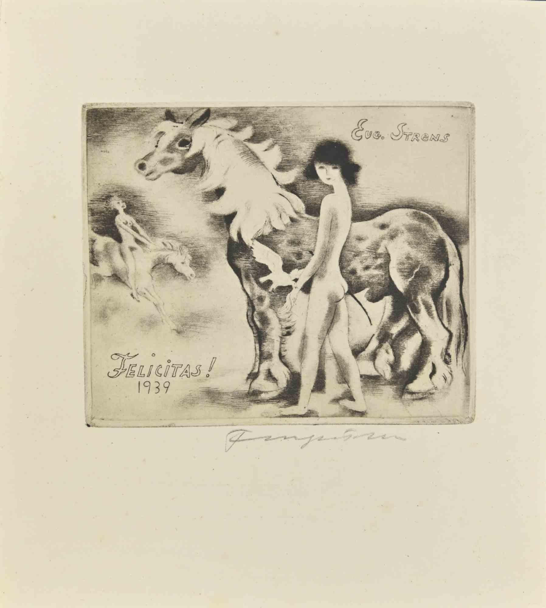 Ex Libris - Euge Strens - Gravure de Michel Fingesten - 1939