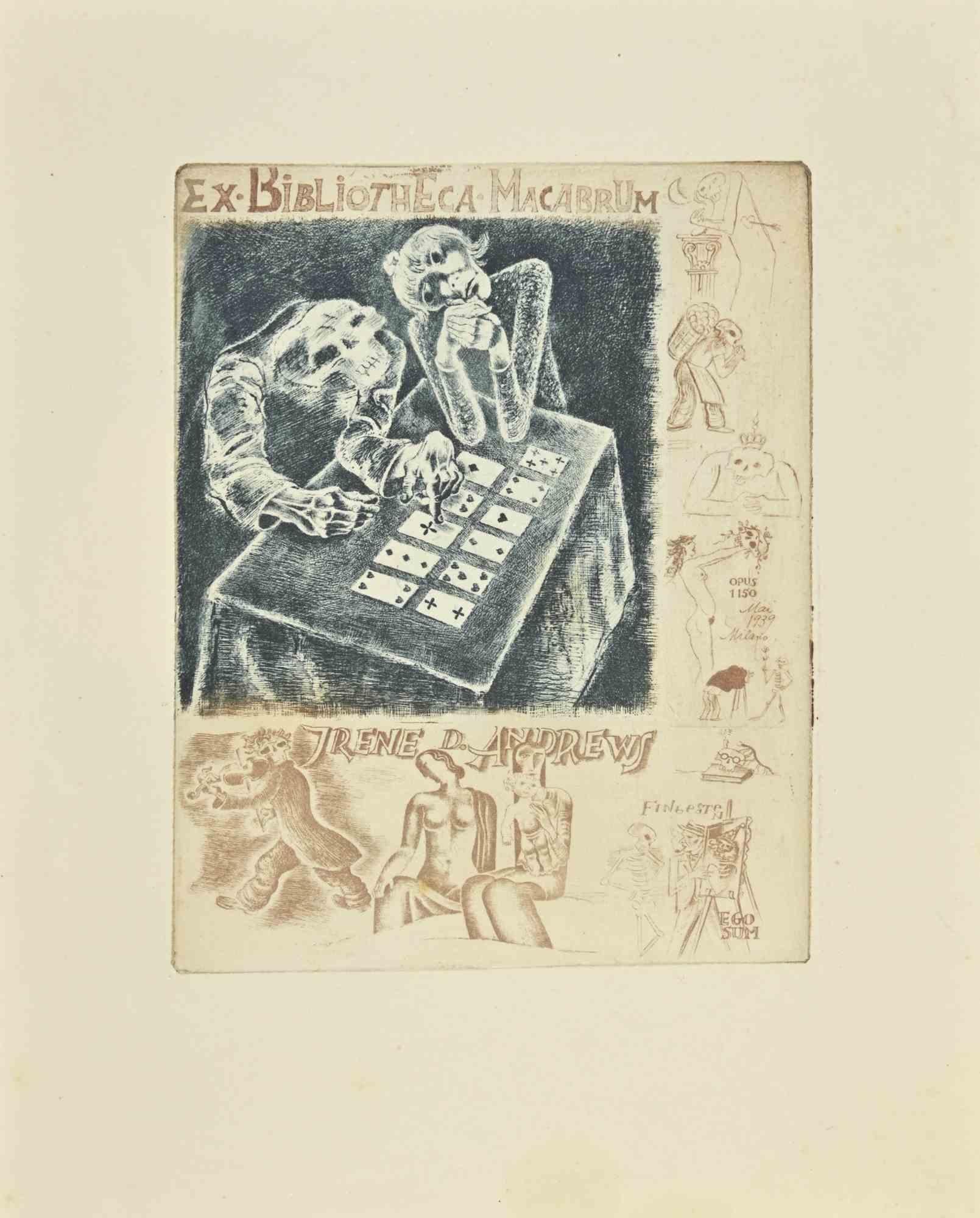 Ex Libris - Ex Bibliotheca Macabrum is an Etching print created by  Michel Fingesten in 1939.

Good conditions.

Michel Fingesten (1884 - 1943) was a Czech painter and engraver of Jewish origin. He is considered one of the greatest Ex Libris artists