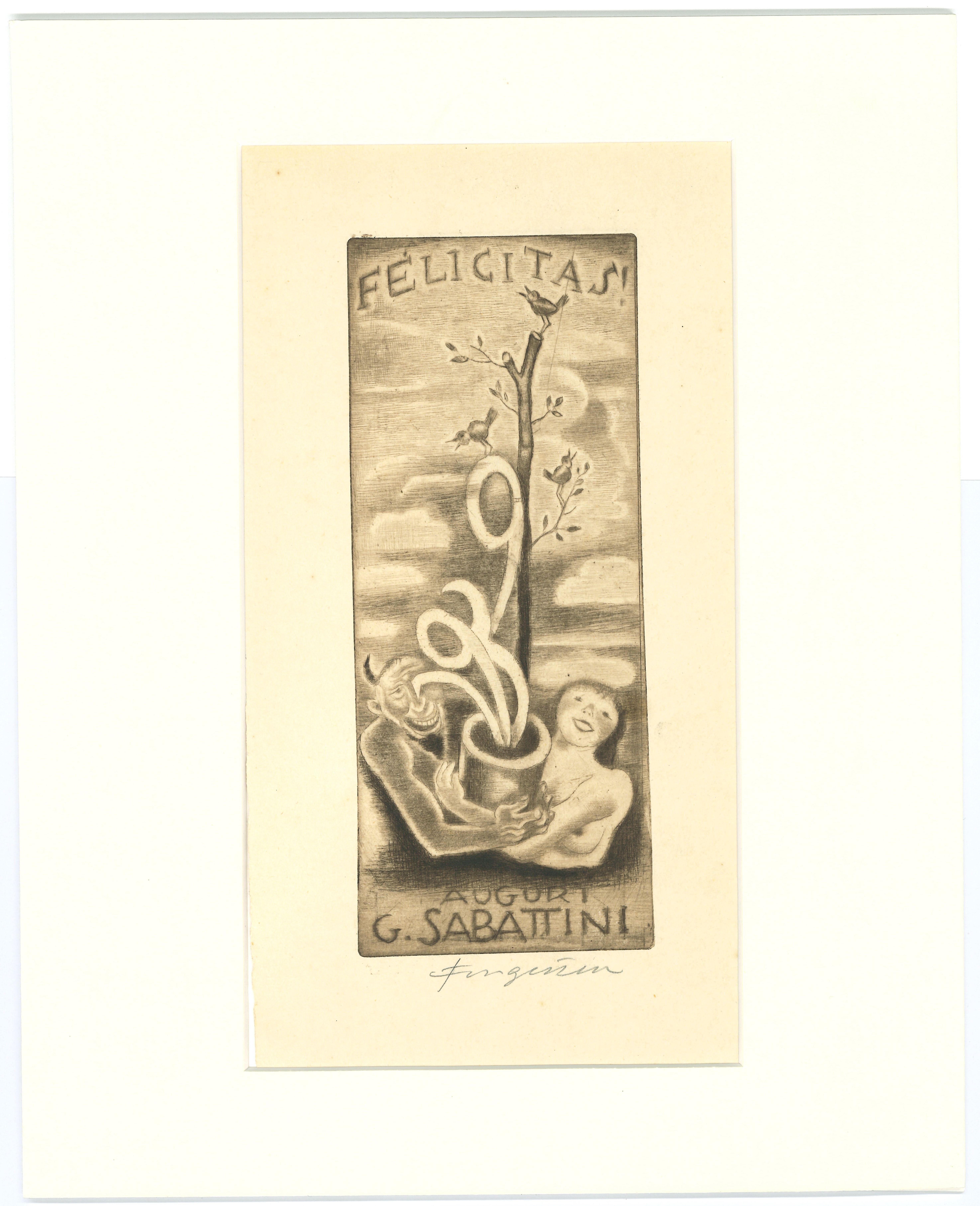 Ex Libris - Felicitas - Original Woodcut by M. Fingesten - Early 1900 - Print by Michel Fingesten