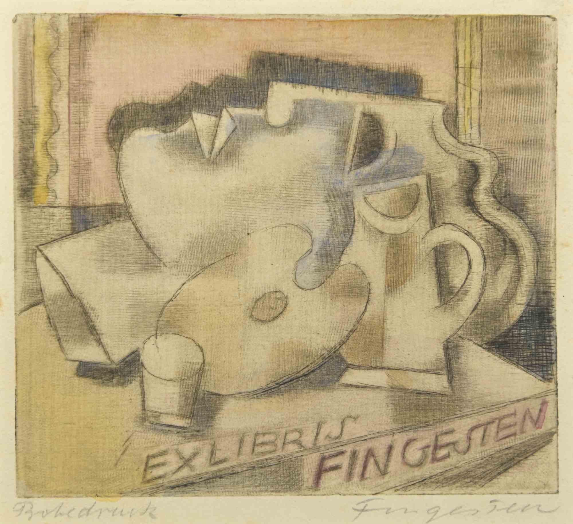 Ex Libris - Fingesten is a colored Etching print created by  Michel Fingesten.

Hand Signed on the lower right margin.

Very Good condition.

Michel Fingesten (1884 - 1943) was a Czech painter and engraver of Jewish origin. He is considered one of