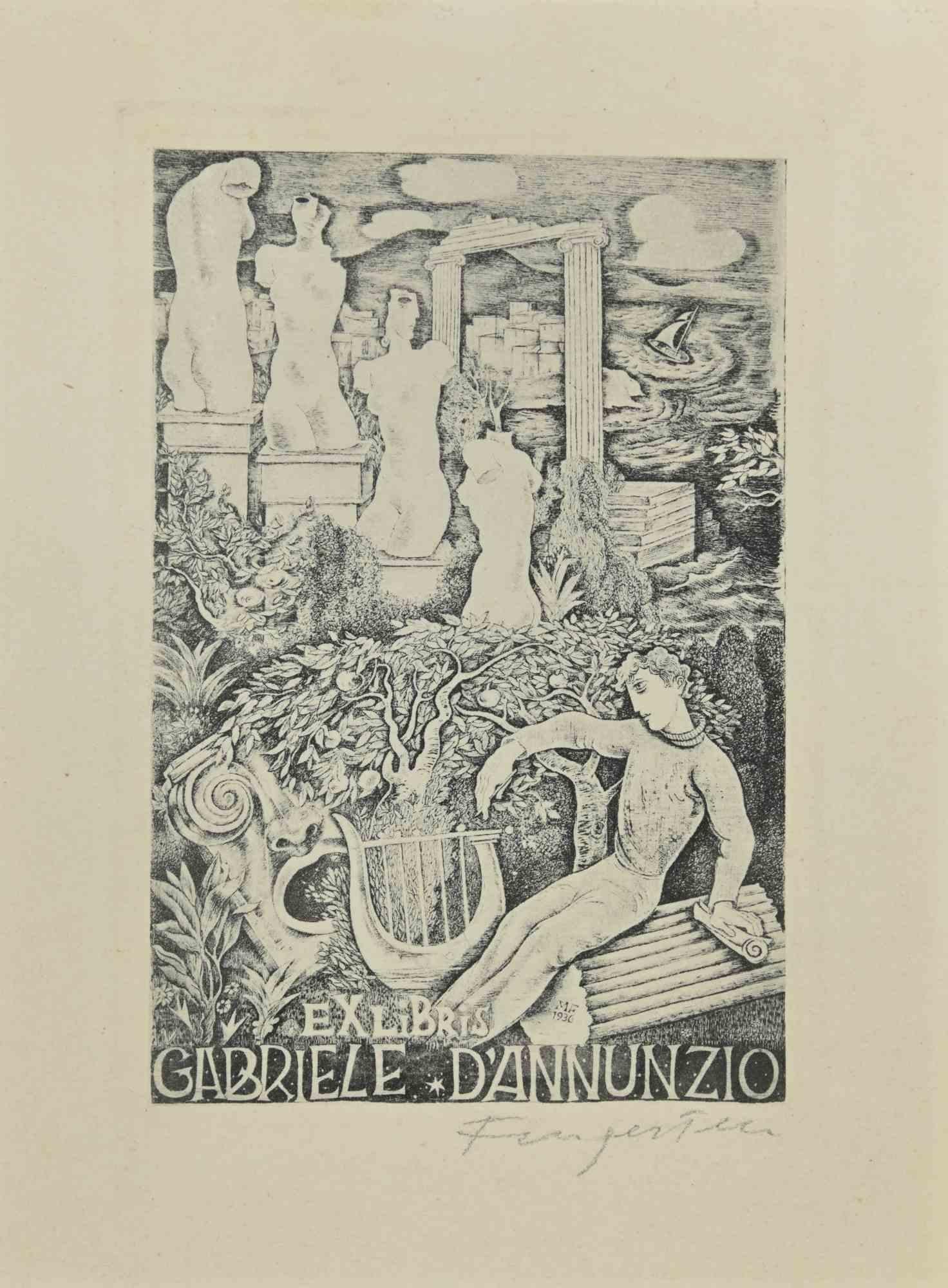 Ex Libris - Gabriele D'Annunzio - Etching by Michel Fingesten - 1930s