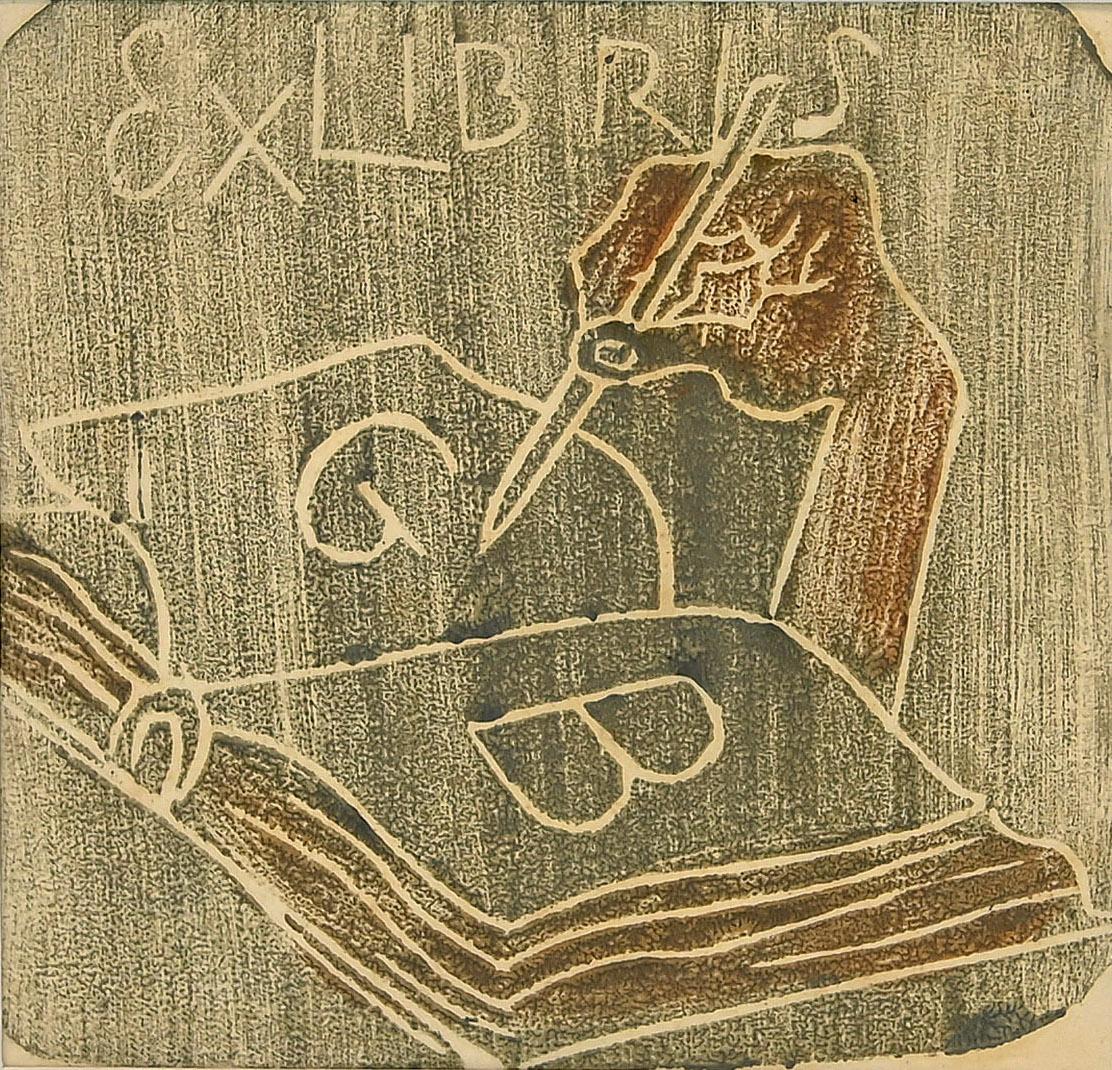 Ex Libris "GB" . Grabado xilográfico original de M. Fingesten - Principios del siglo XX