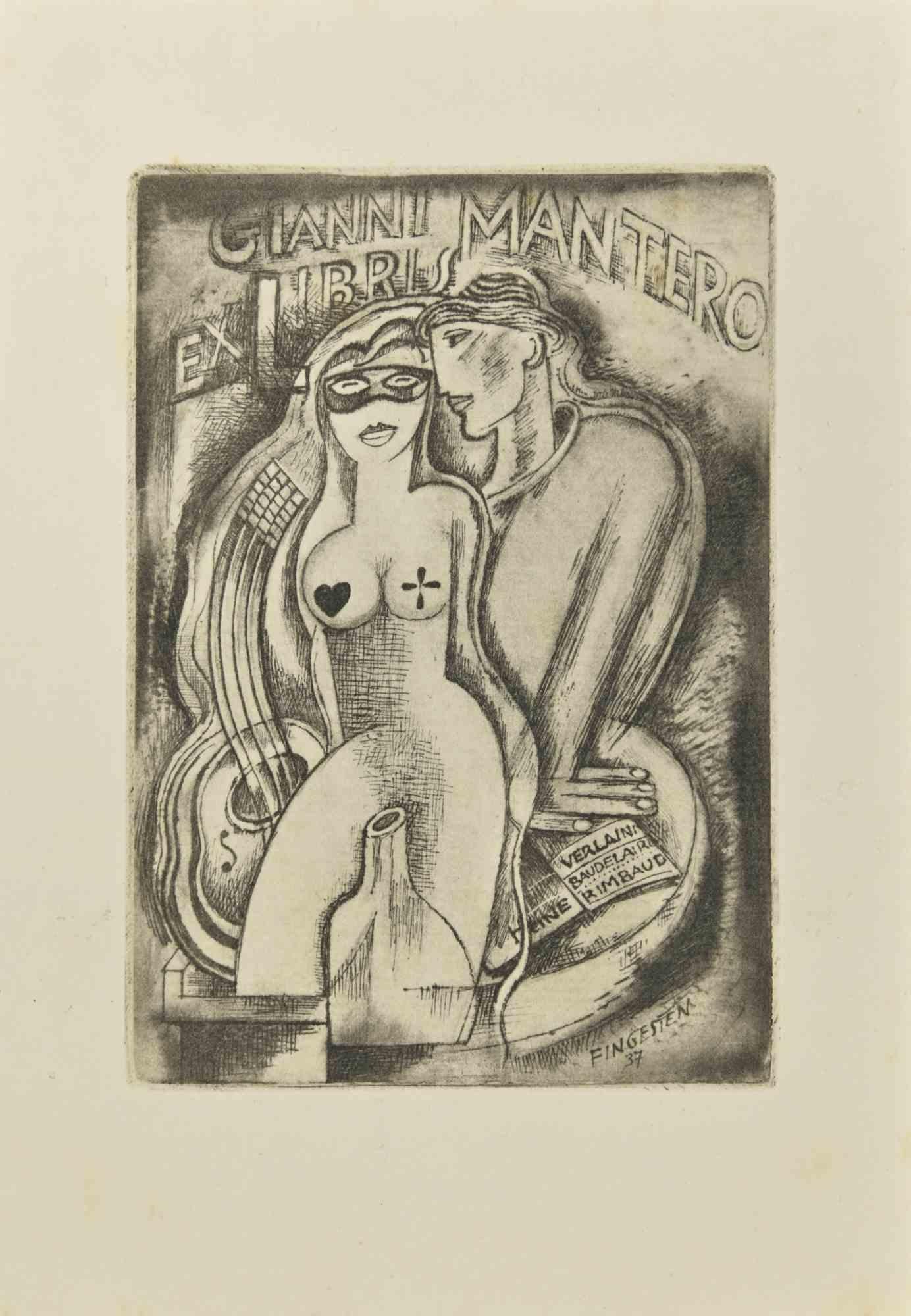 Ex Libris - Gianni Mantero est une gravure à l'eau-forte créée par  Michel Fingesten en 1937.

Signé sur la plaque et daté sur  la marge inférieure droite.

Bonnes conditions sauf quelques rousseurs qui n'affectent pas l'image.

Michel Fingesten