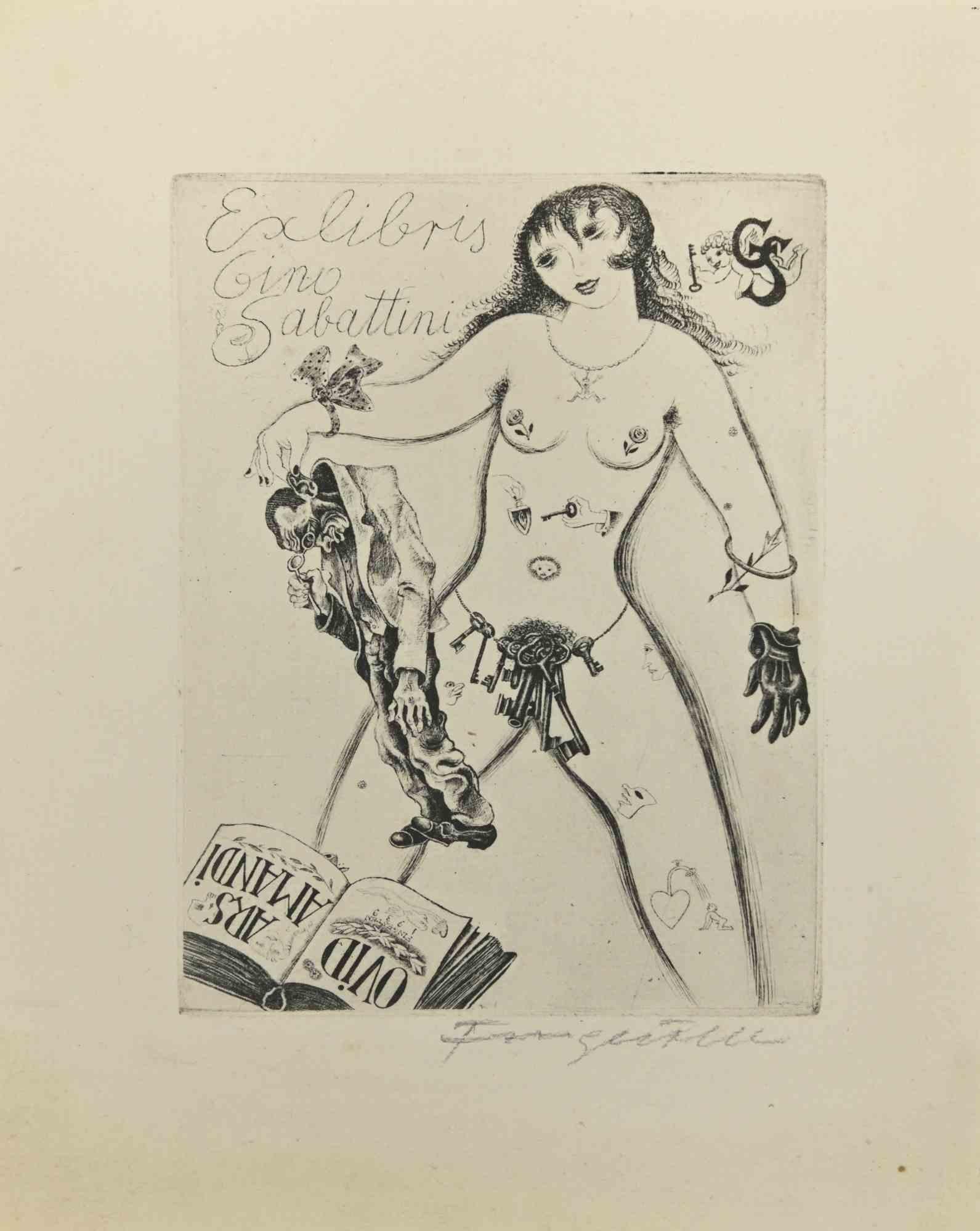 Ex Libris - Gino Sabattini is an Etching print created by  Michel Fingesten.

Hand signed on the lower margin.

Good conditions except some foxings that doesn't affect the immage.

Michel Fingesten (1884 - 1943) was a Czech painter and engraver of