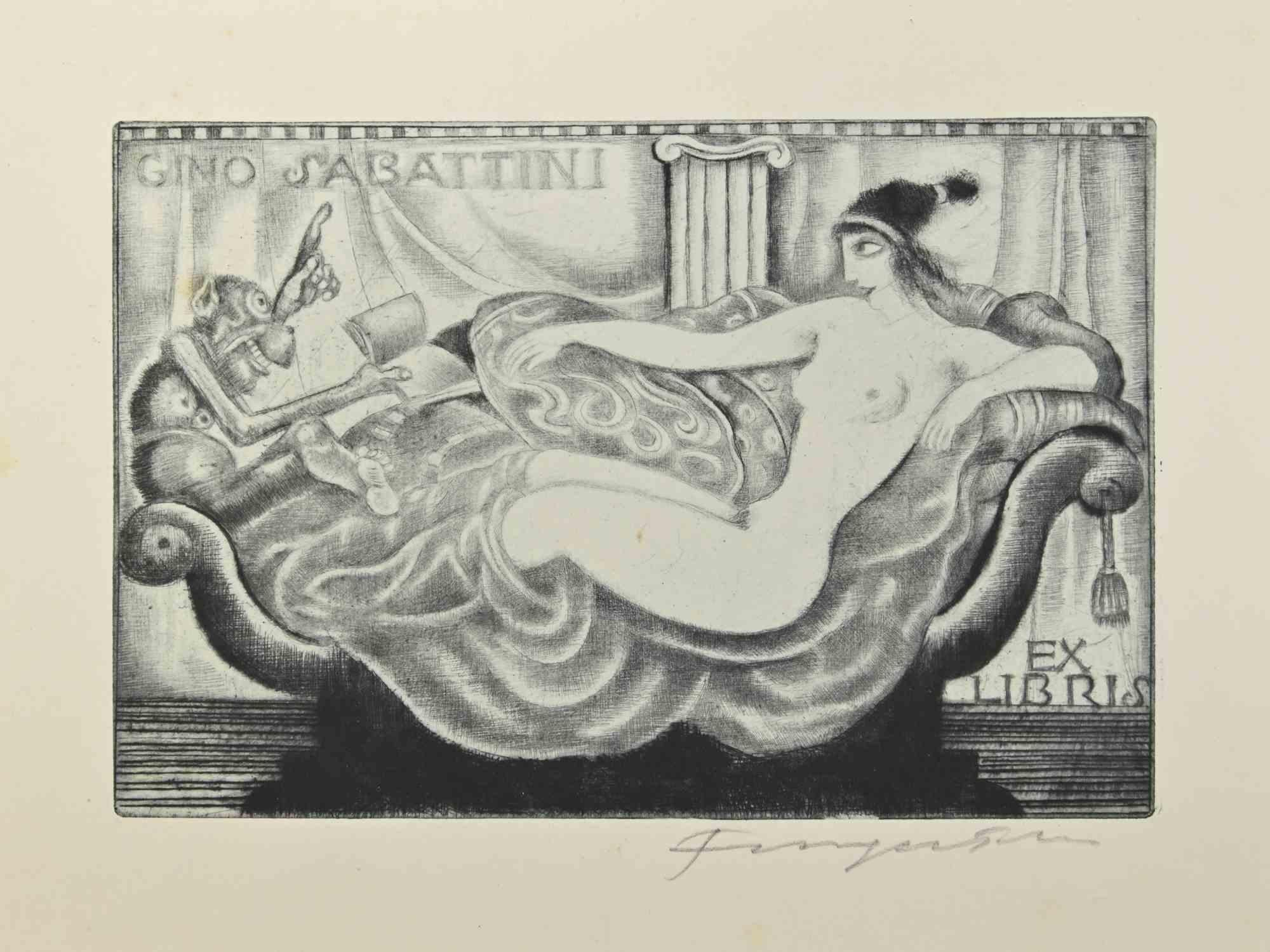 Ex Libris - Gino Sabattini is an Etching print created by  Michel Fingesten.
Hand Signed in  the lower right margin.
Good conditions except some foxings that doesn't affect the image.

Michel Fingesten (1884 - 1943) was a Czech painter and engraver