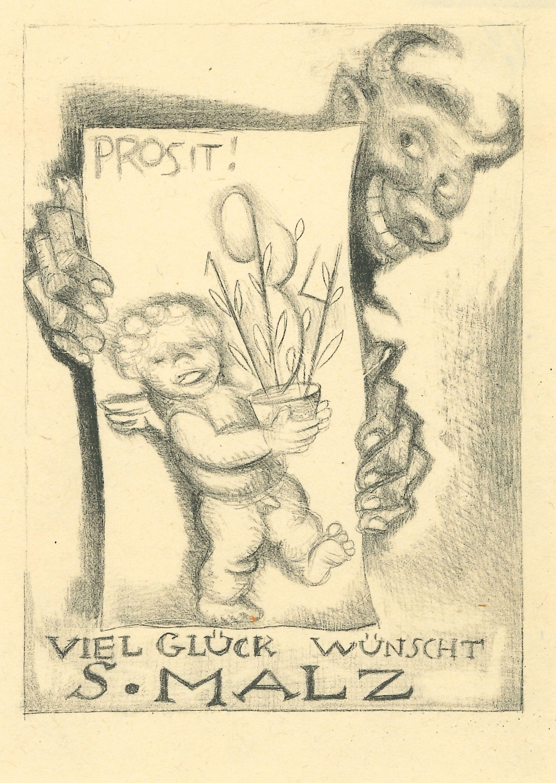 Michel Fingesten Figurative Print - Ex Libris Good Luck - Original Etching by M. Fingesten - 1930s