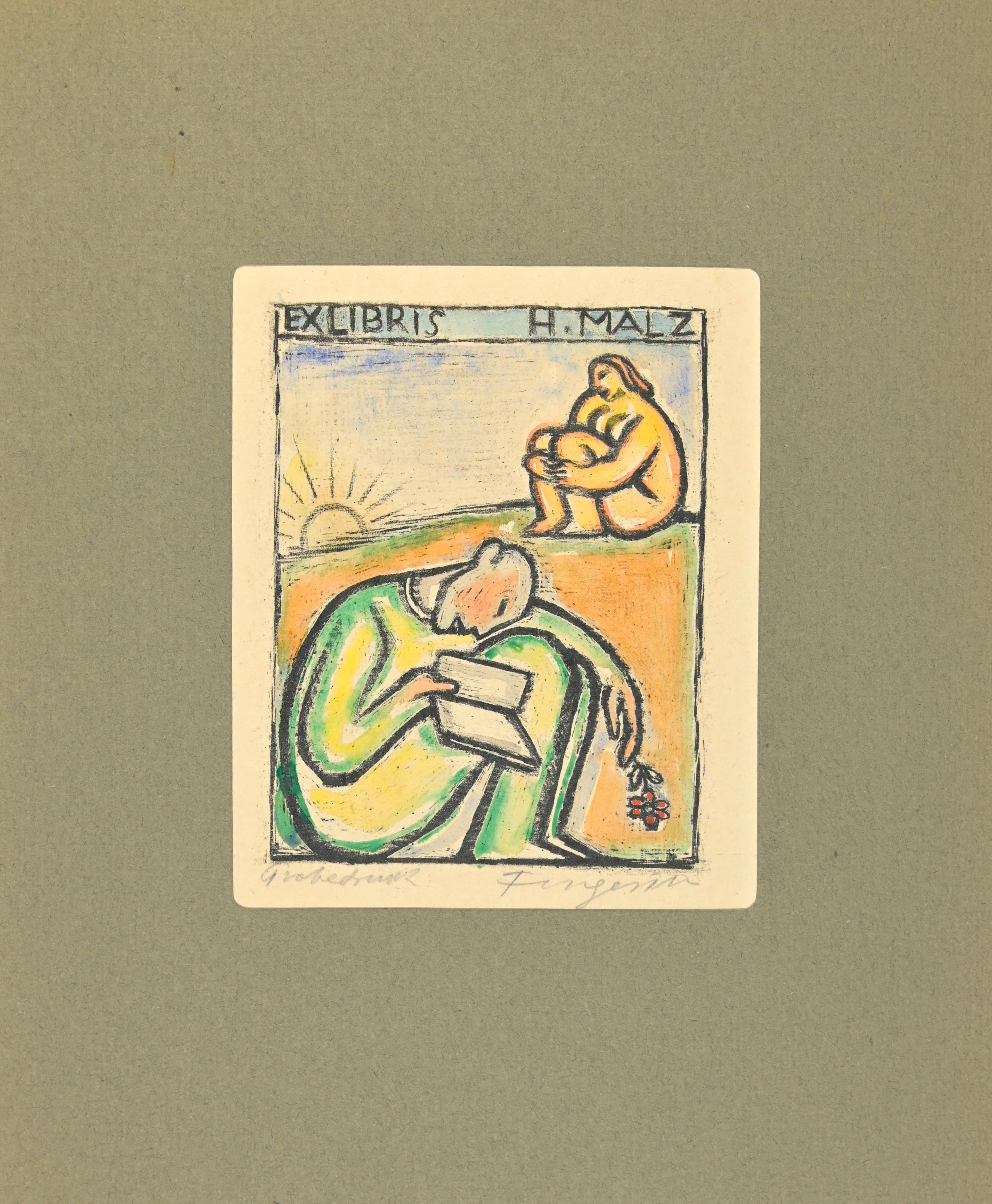 Ex Libris - H. Malz is a colored Woodcut print created by  Michel Fingesten.

Hand Signed on the lower right margin. 

The artwork is glued on cardboard.

Total dimensions: 29 x 22.5 cm.

Good conditions.

Michel Fingesten (1884 - 1943) was a Czech