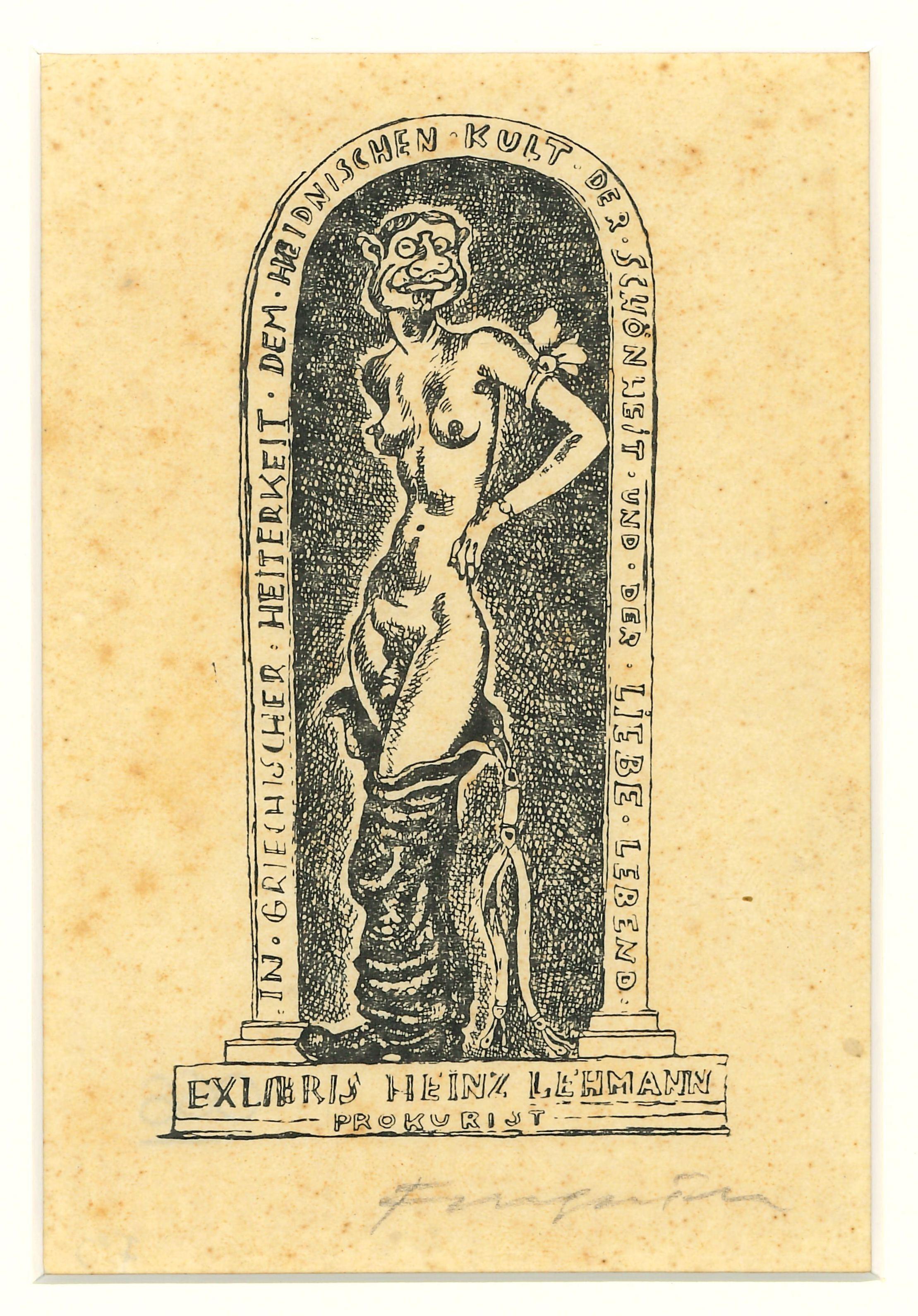 Michel Fingesten Figurative Print - Ex Libris Heinz Lehmann - Original Woodcut by M. Fingesten - Early 1900