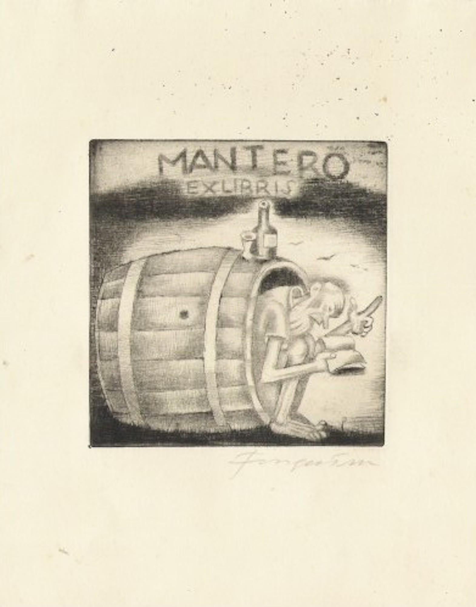 Michel Fingesten Figurative Print - Ex Libris Mantero - Original Etching by M. Fingesten - 1930s