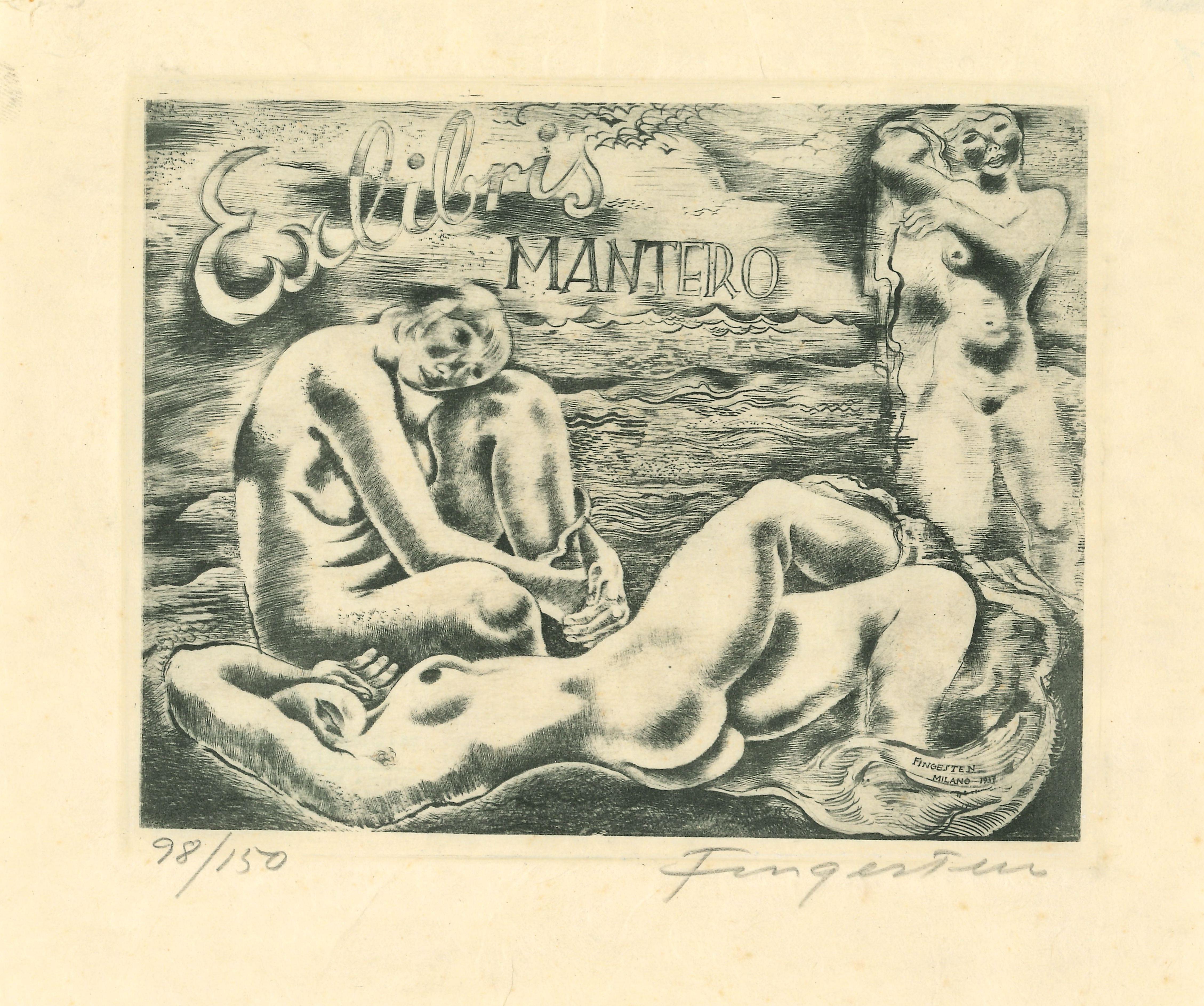 Michel Fingesten Figurative Print - Ex Libris Mantero - Original Etching by M. Fingesten - 1930s