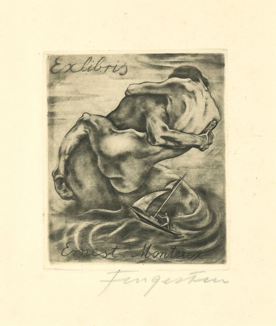 Michel Fingesten Figurative Print - Ex Libris - Mantero - Original Etching by M. Fingesten - 1930s