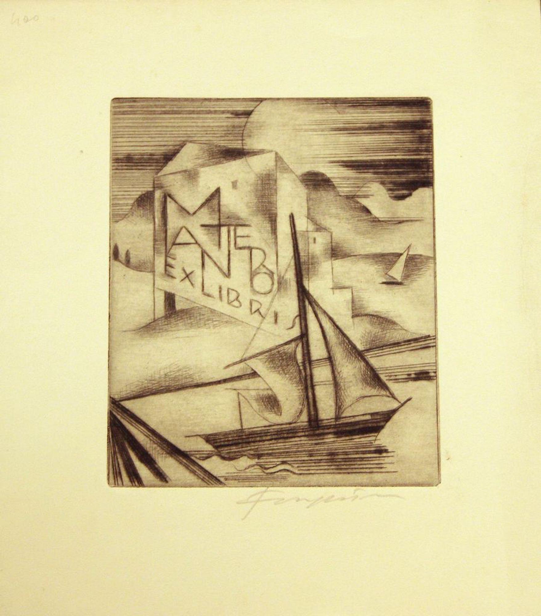 Michel Fingesten Figurative Print - Ex Libris Mantero - Original Etching by M. Fingesten - Early 1900