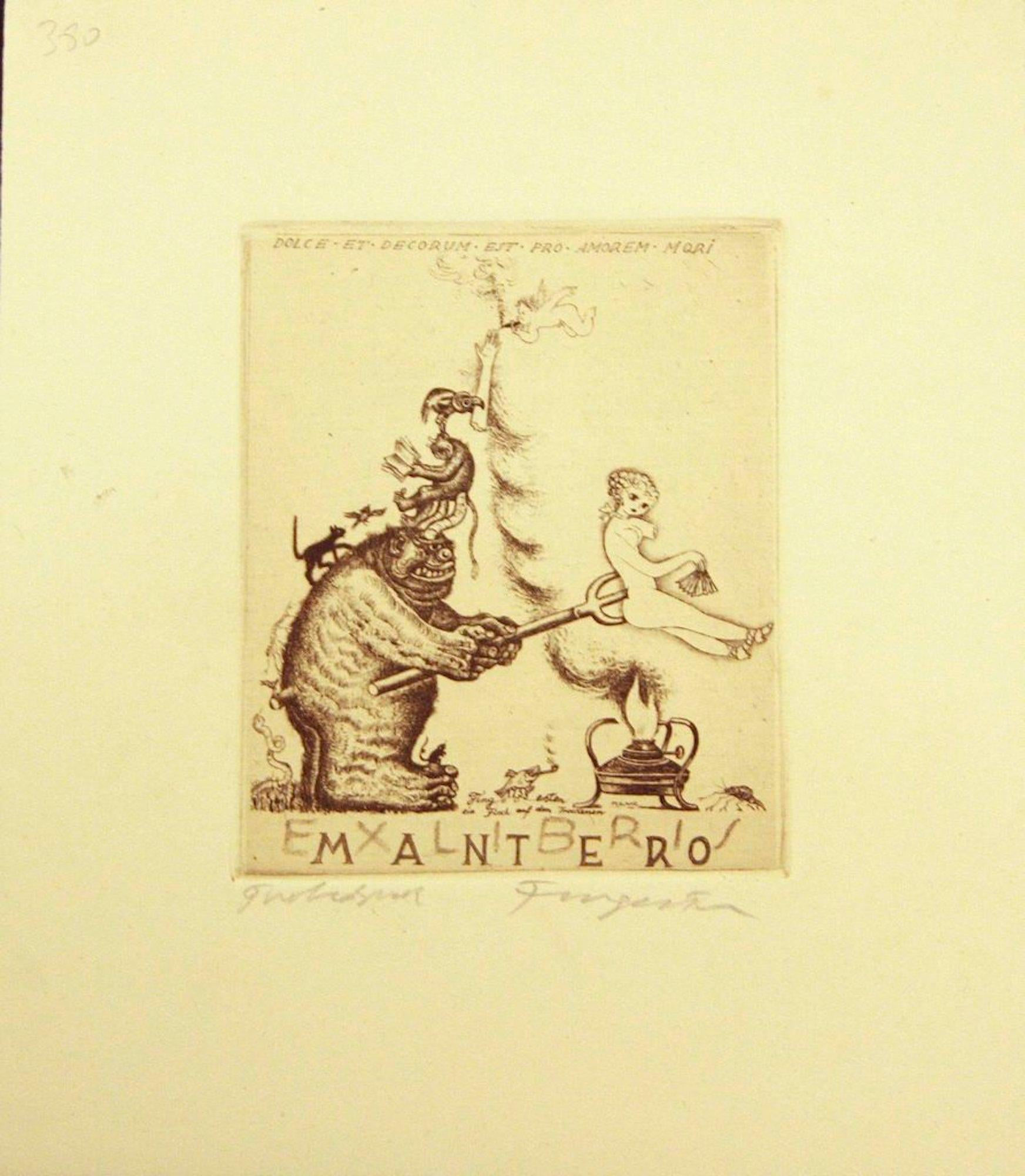 Michel Fingesten Figurative Print - Ex Libris Mantero - Original Etching by M. Fingesten - Early 1938